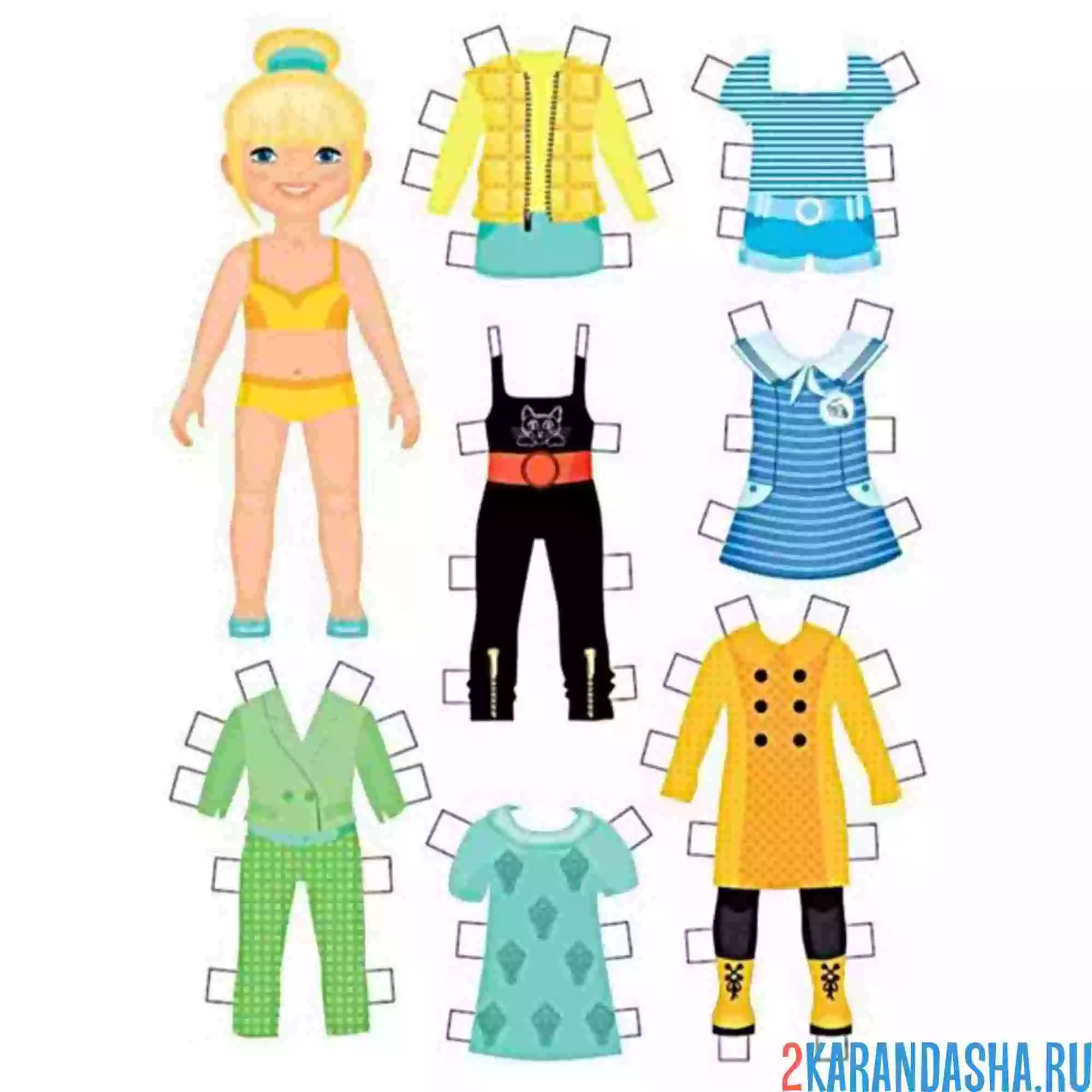 Раскраска бумажный пупсик с одеждой для вырезания