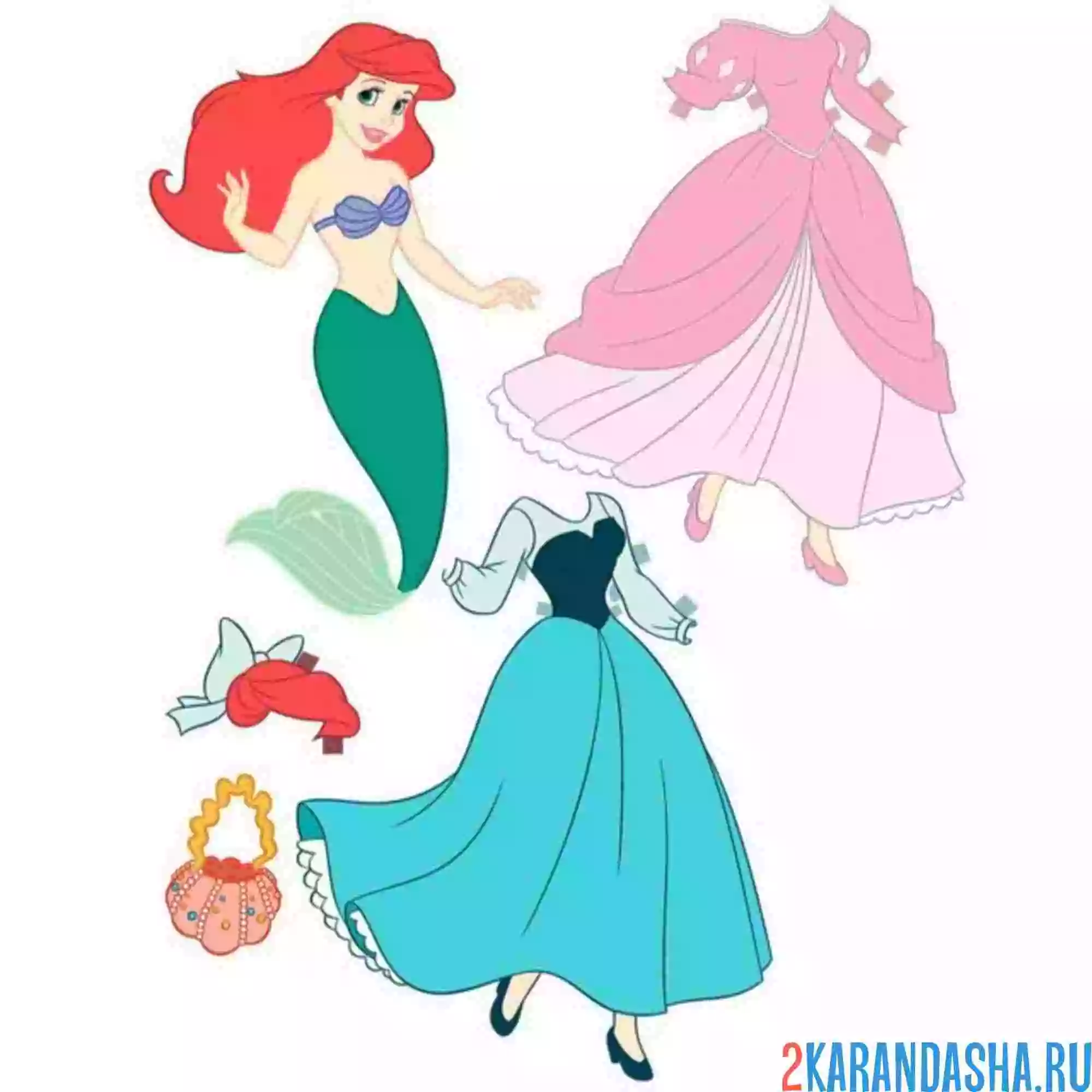 Раскраска русалочка ариэль бумажная кукла с одеждой