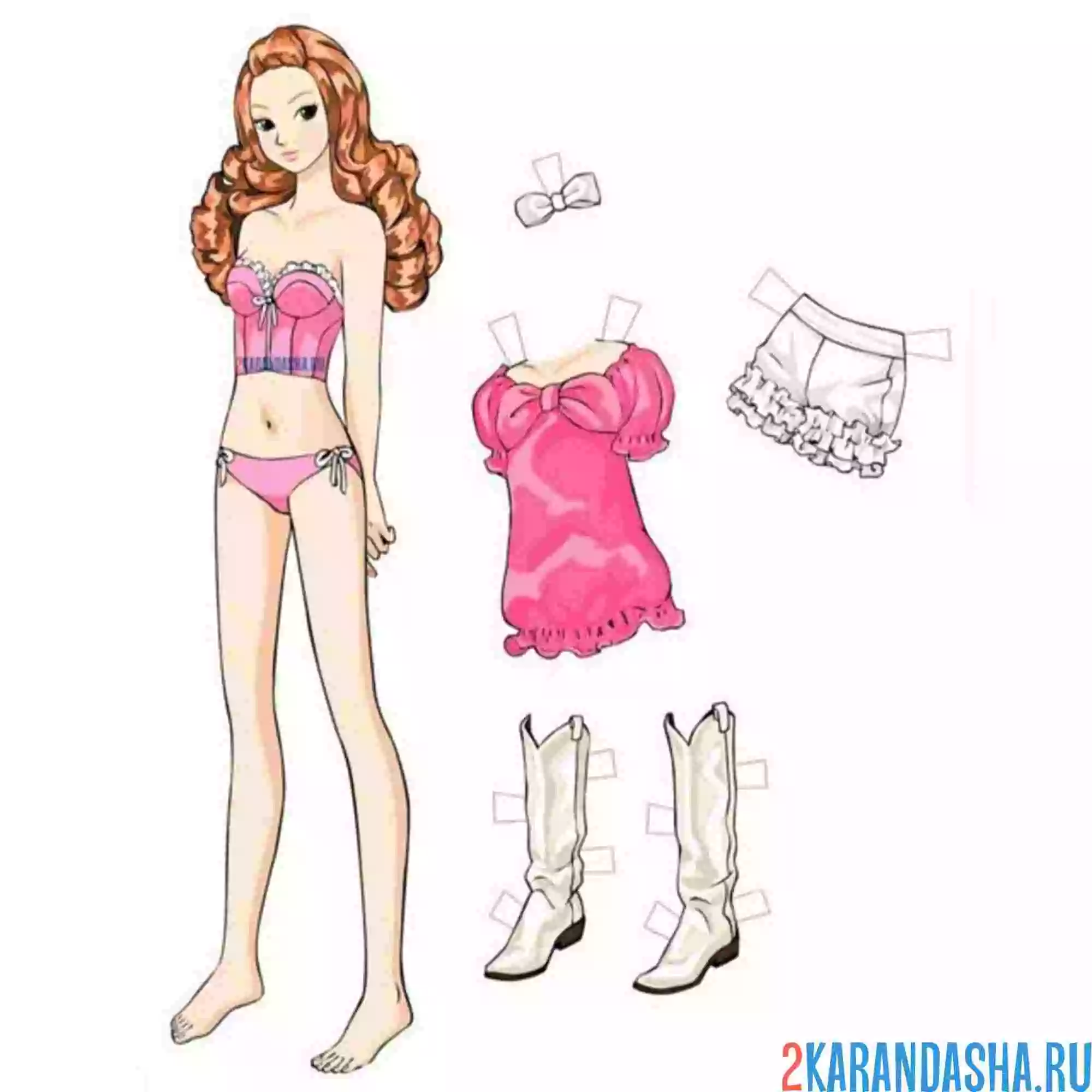 Раскраска цветная бумажная кукла в купальнике для вырезания