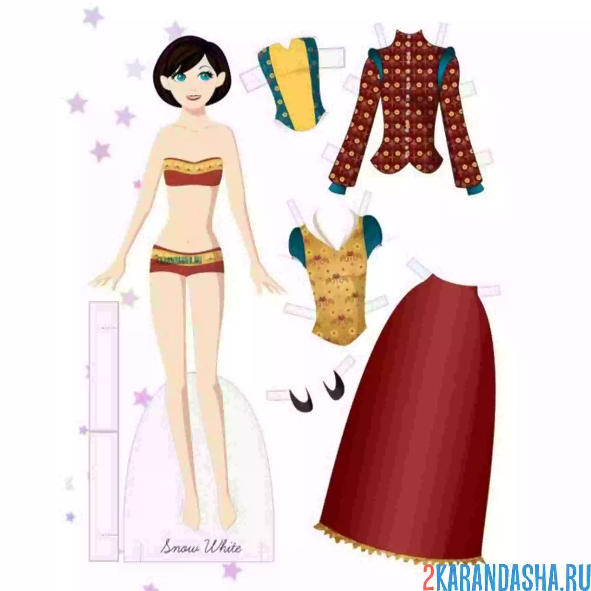Раскраска цветная бумажная кукла с разной одеждой для вырезания