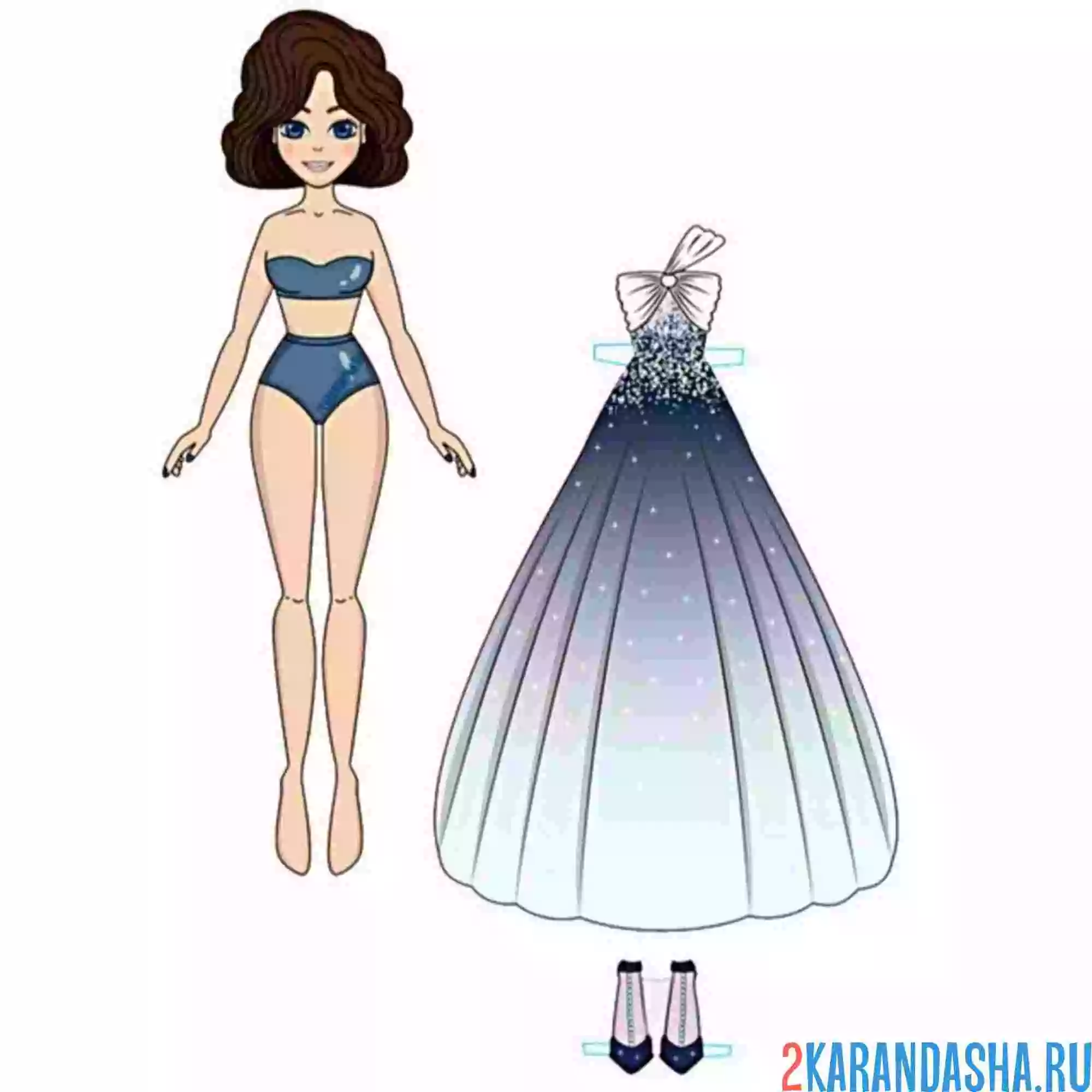 Раскраска цветная бумажная кукла-модница с платьем