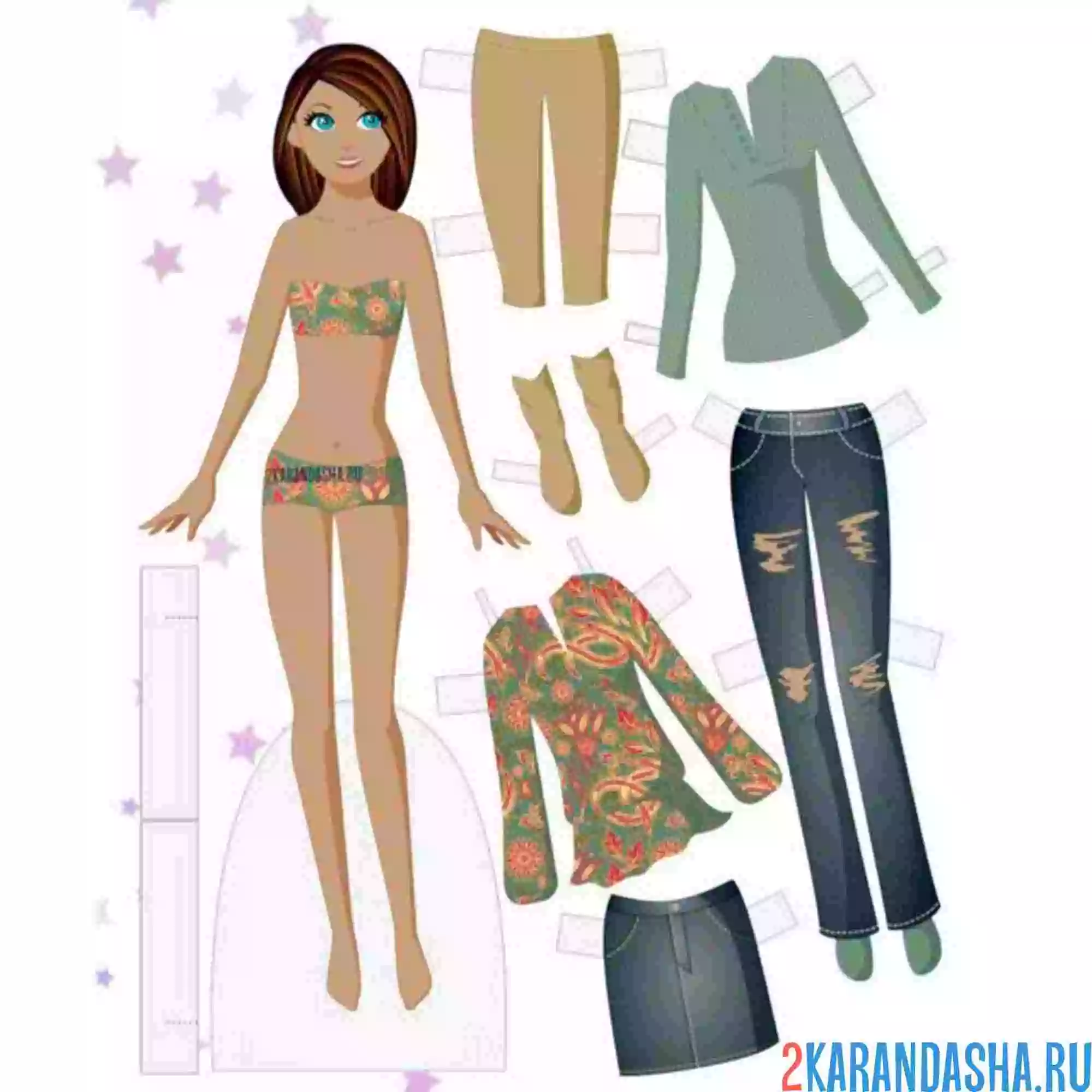 Раскраска цветная бумажная кукла в нижнем белье с одеждой