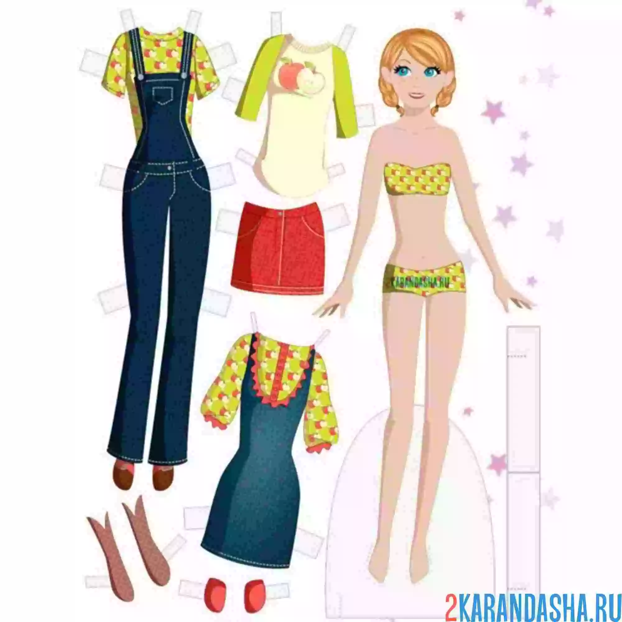Раскраска цветная бумажная кукла в трусиках с одеждой