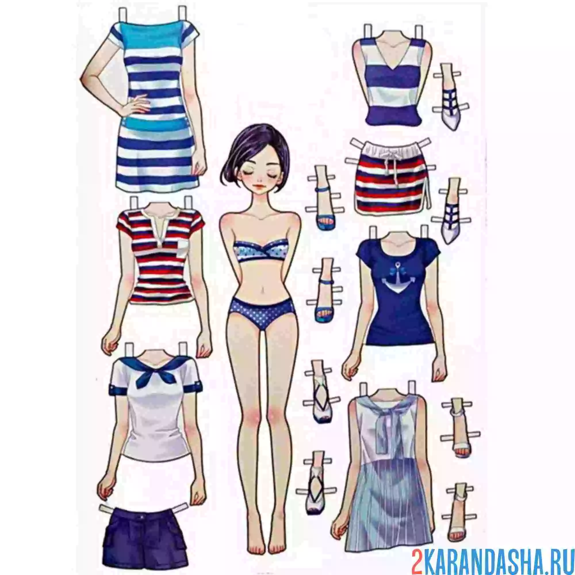 Раскраска цветная бумажная кукла аниме