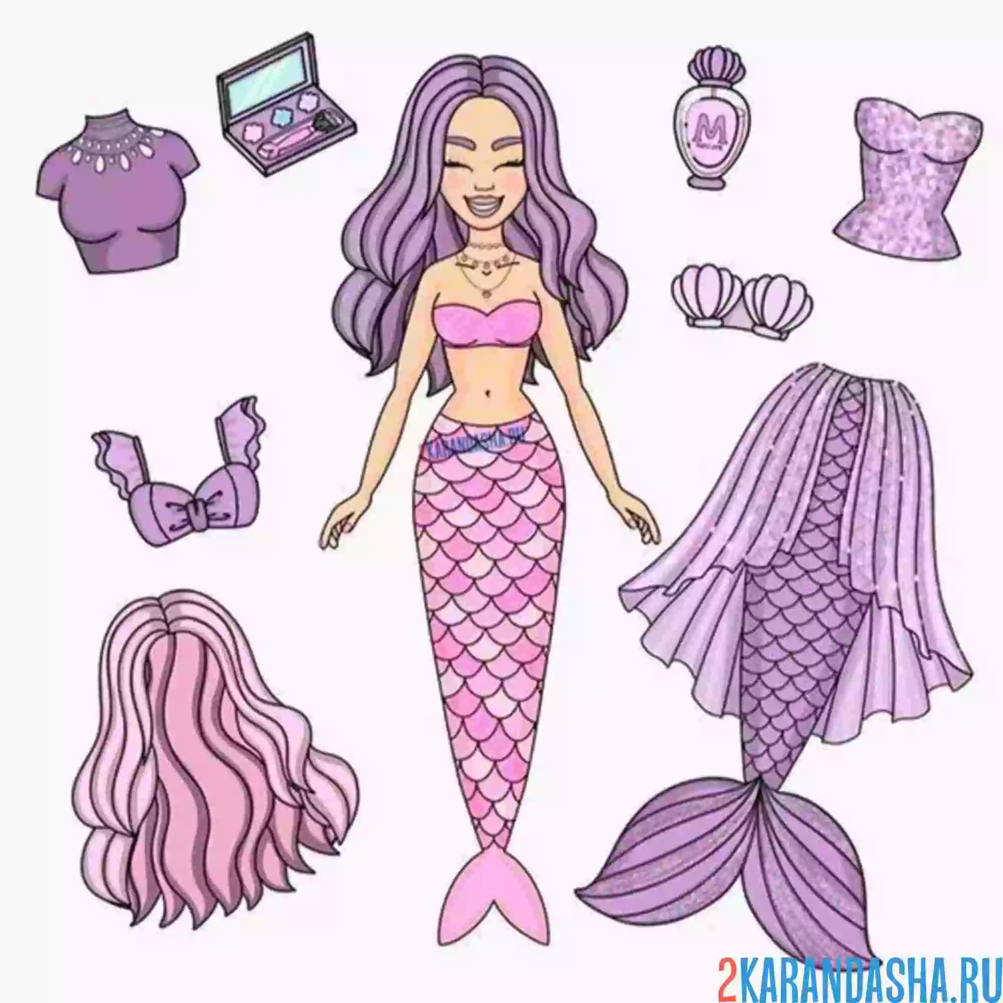 Раскраска русалка цветная бумажная кукла