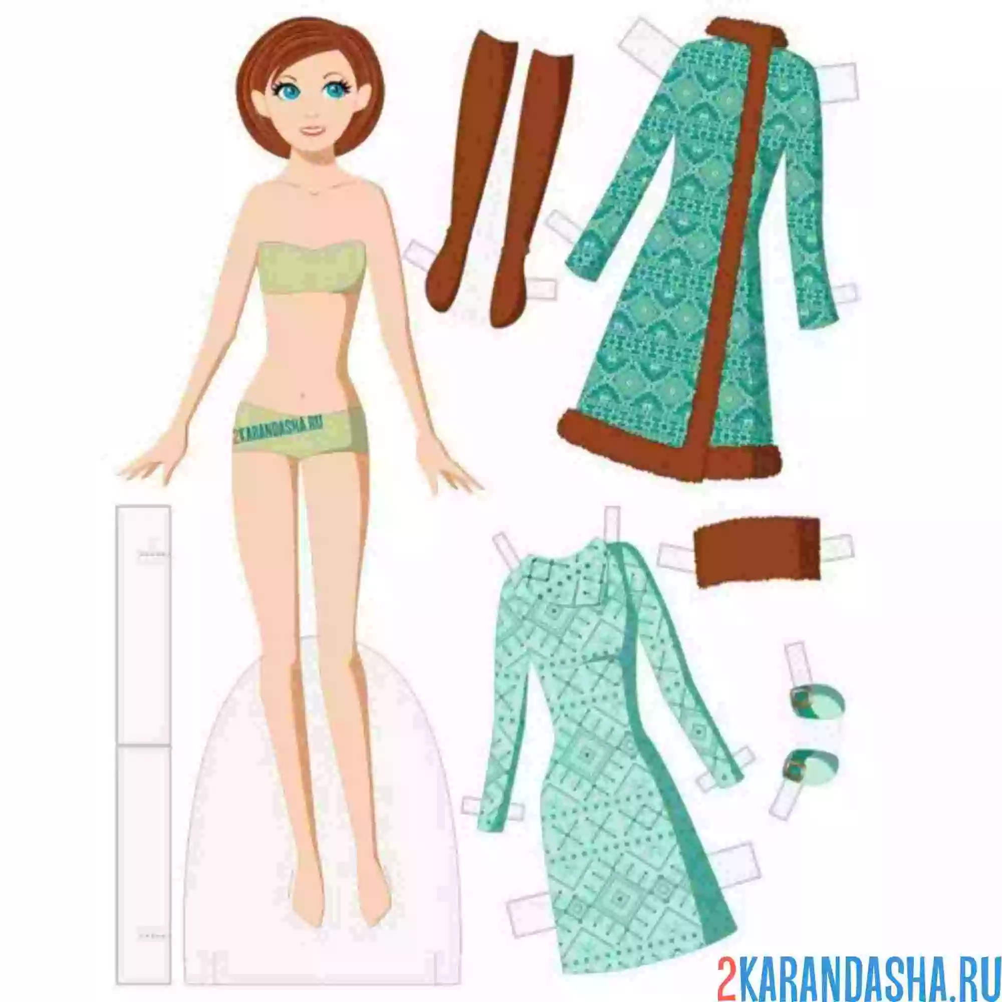Раскраска бумажная кукла и цветная одежда для вырезания