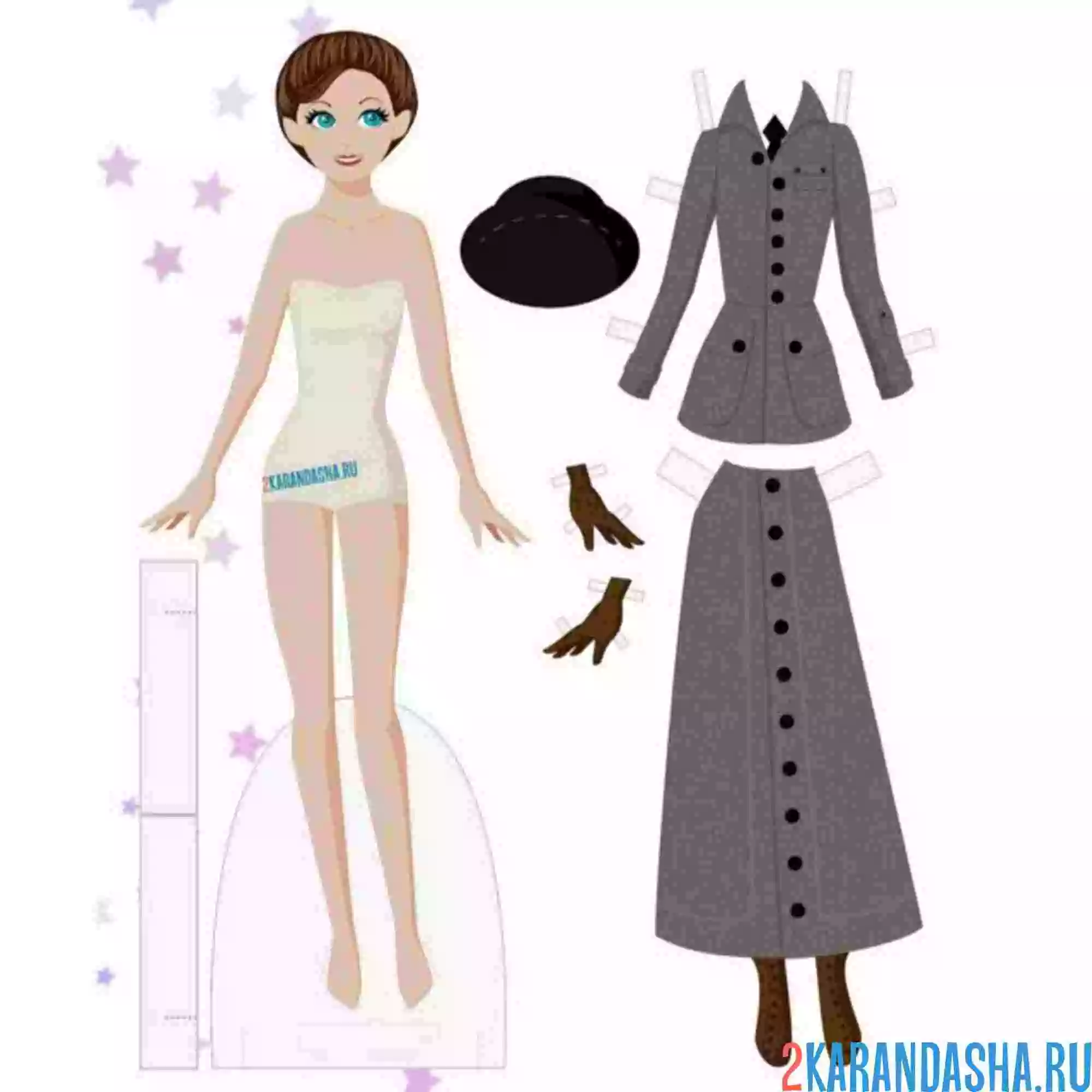 Раскраска цветная одежда и кукла для вырезания