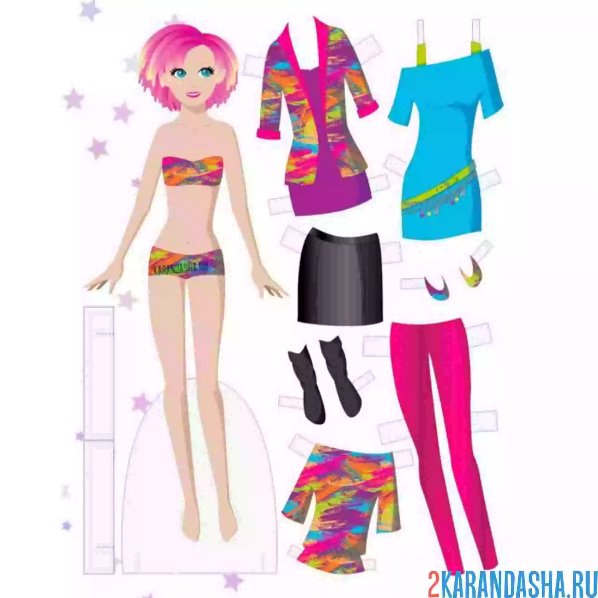 Раскраска яркая цветная кукла для вырезания