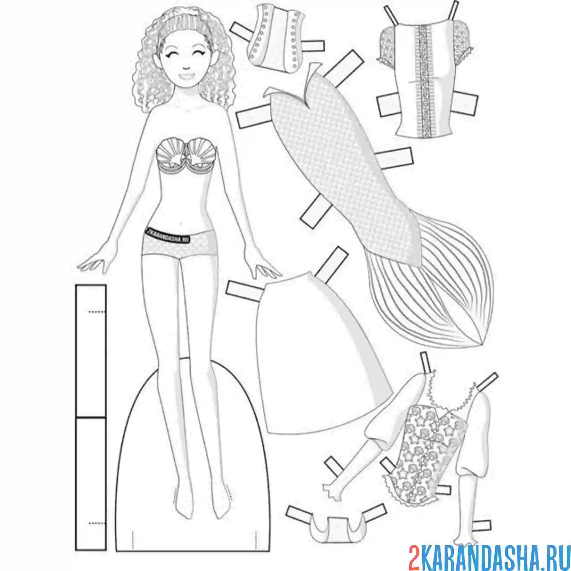 Раскраска русалка кукла для вырезания с одеждой