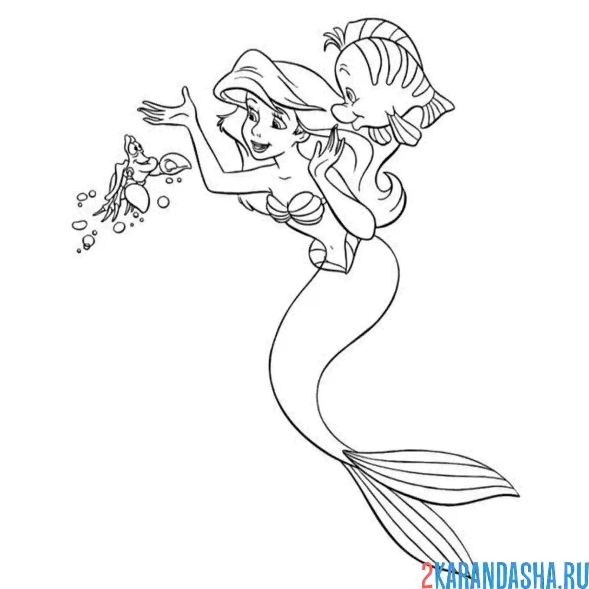 Раскраска ариэль, рыбка флаундер и краб