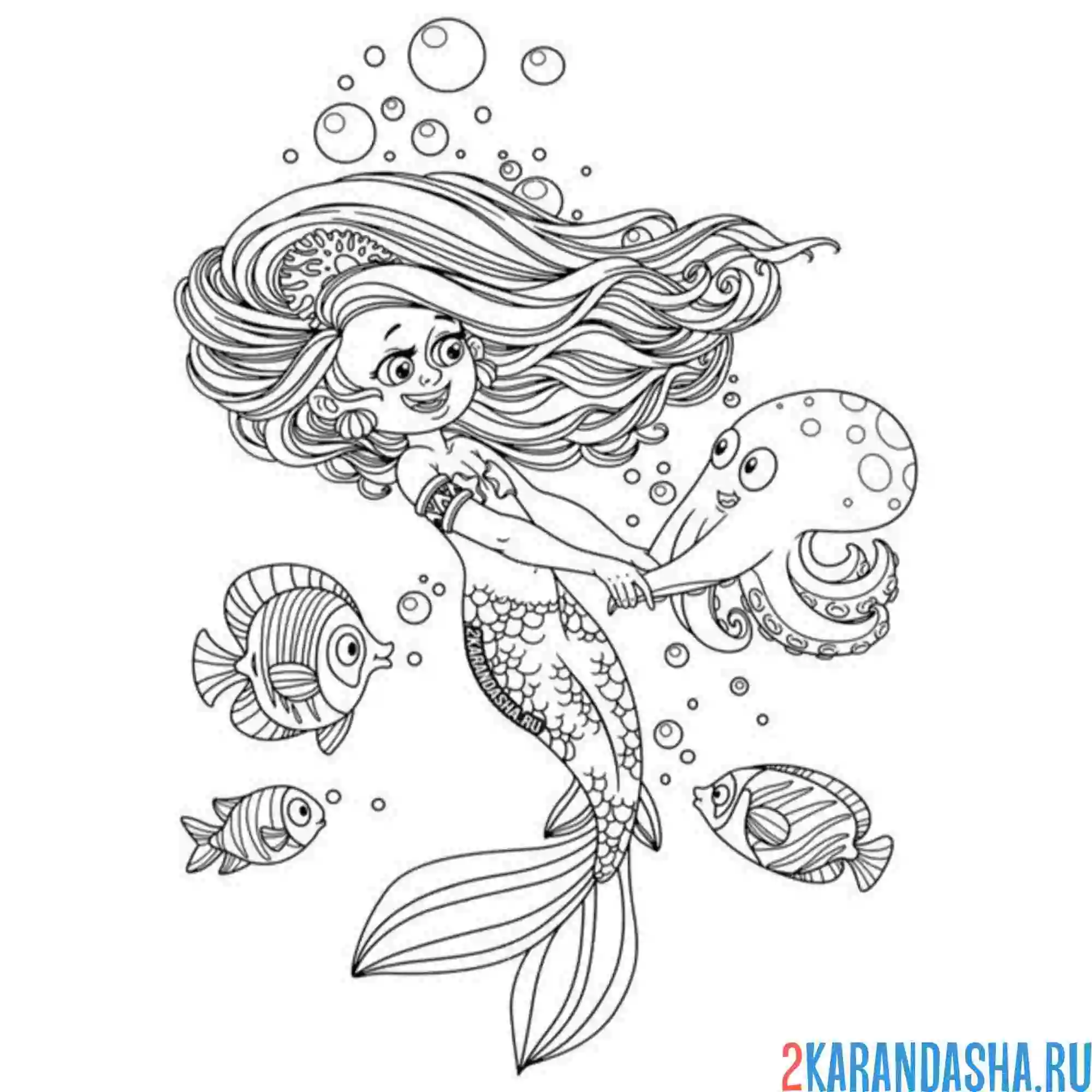 Раскраска русалка и осьминог