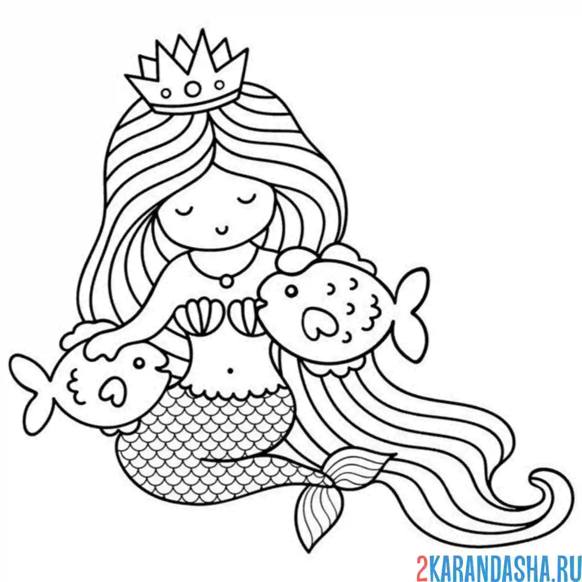 Раскраска русалка и две рыбки