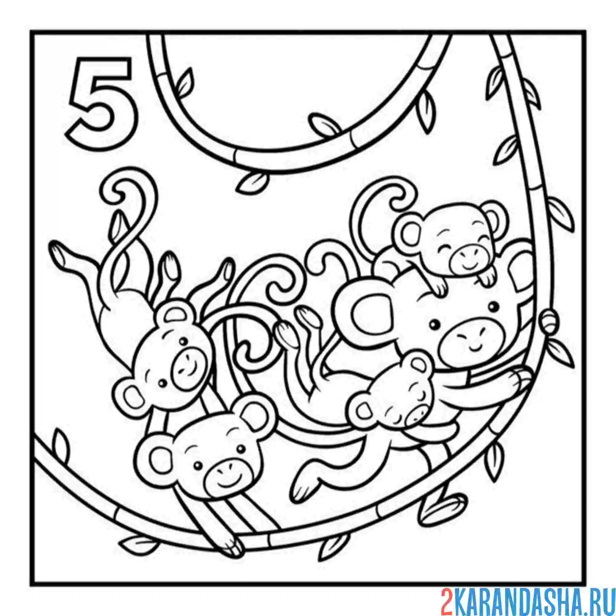 Раскраска 5 обезьянок