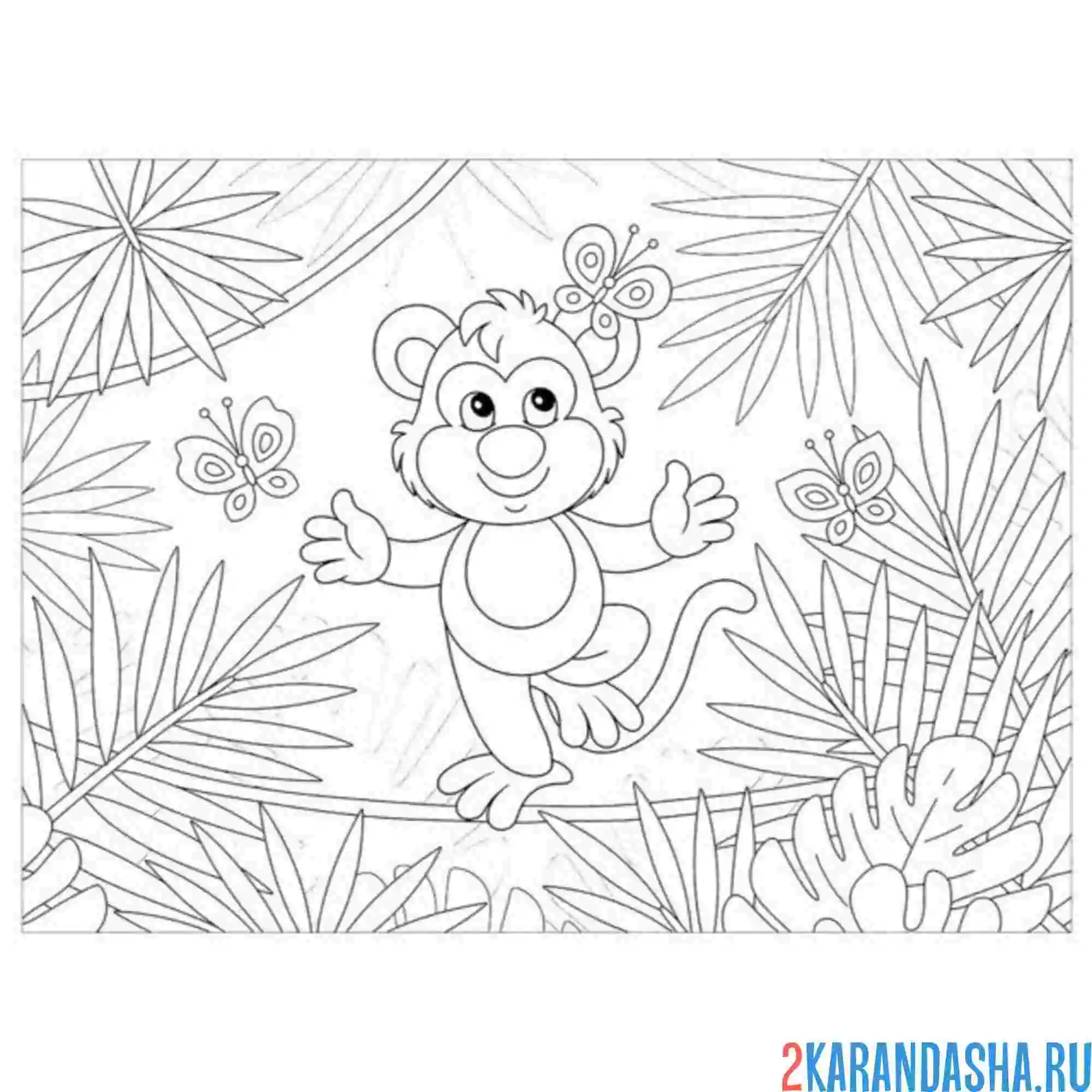 Раскраска обезьянка в листьях