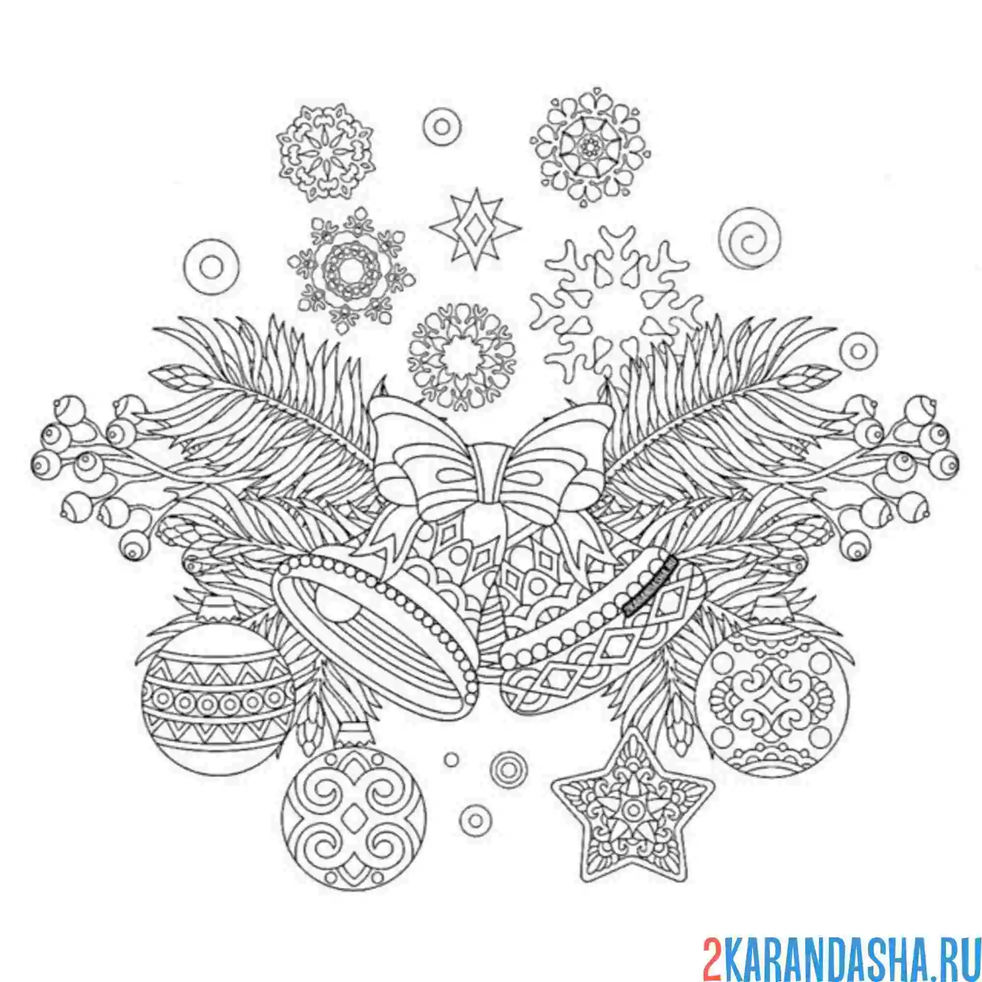 Раскраска новогодние колокольчики и елка антистресс