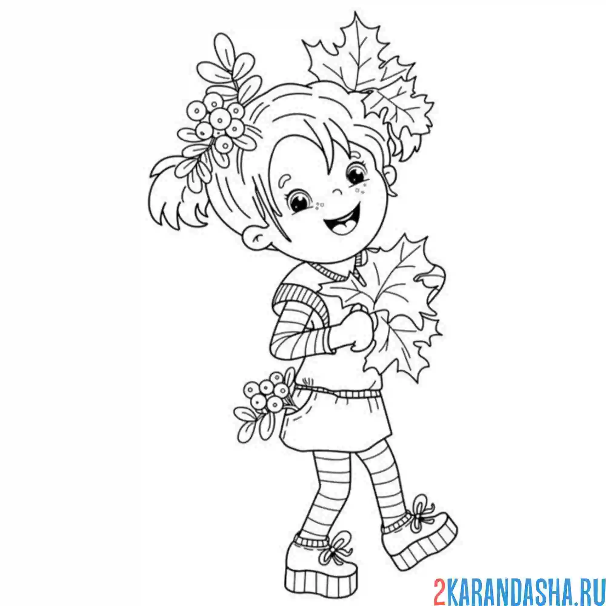 Раскраска девочка с осенними листьями