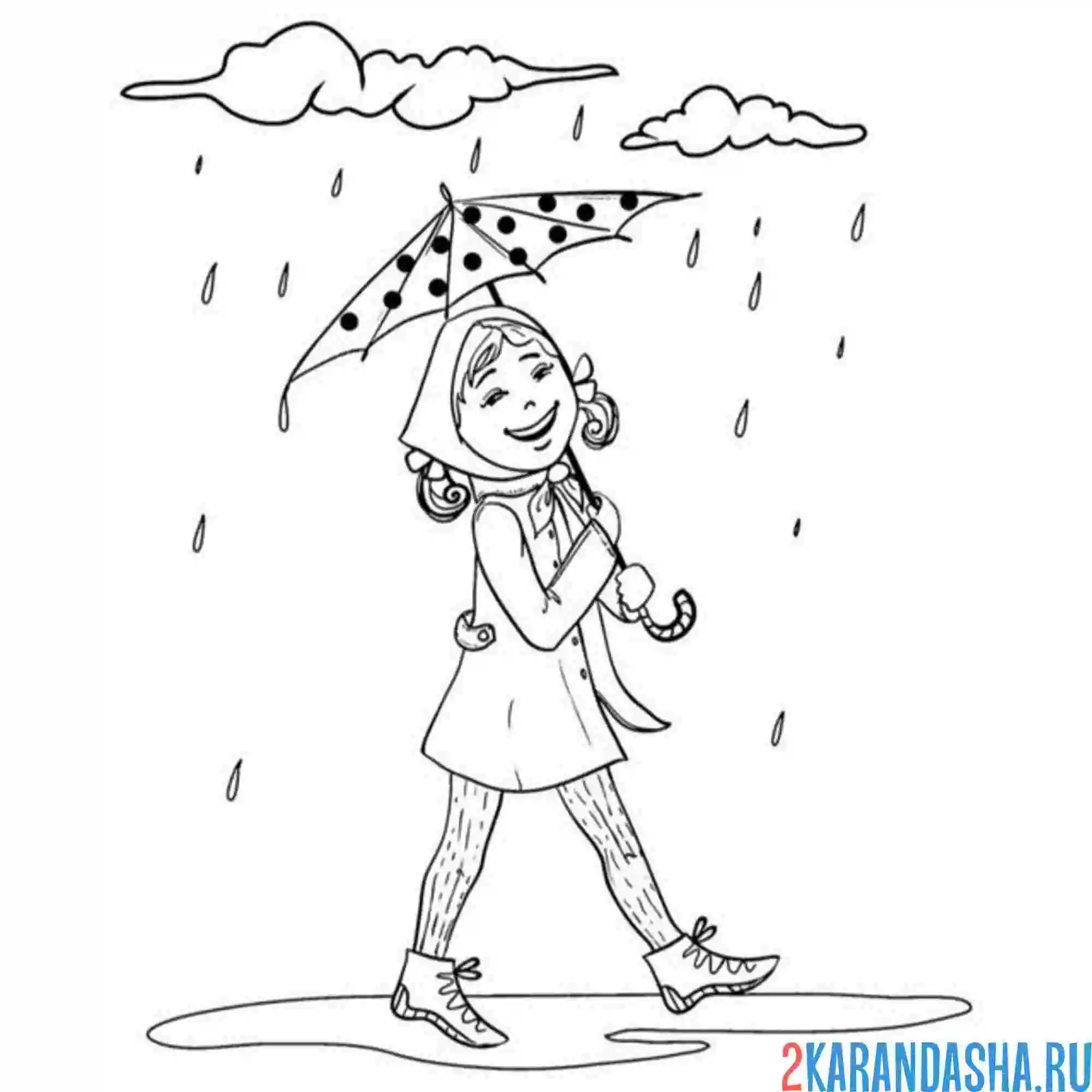 Раскраска девочка под дождем и зонтом