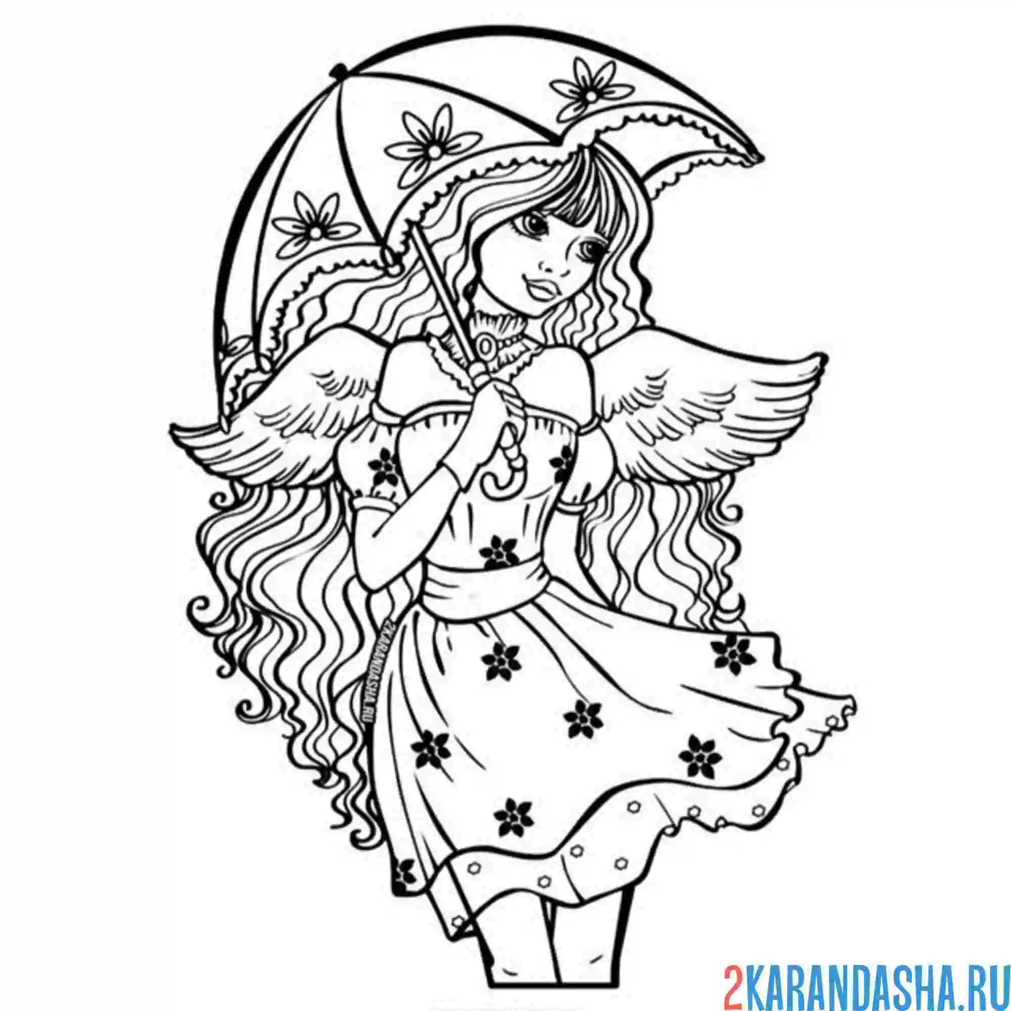 Раскраска девушка в платье под зонтом