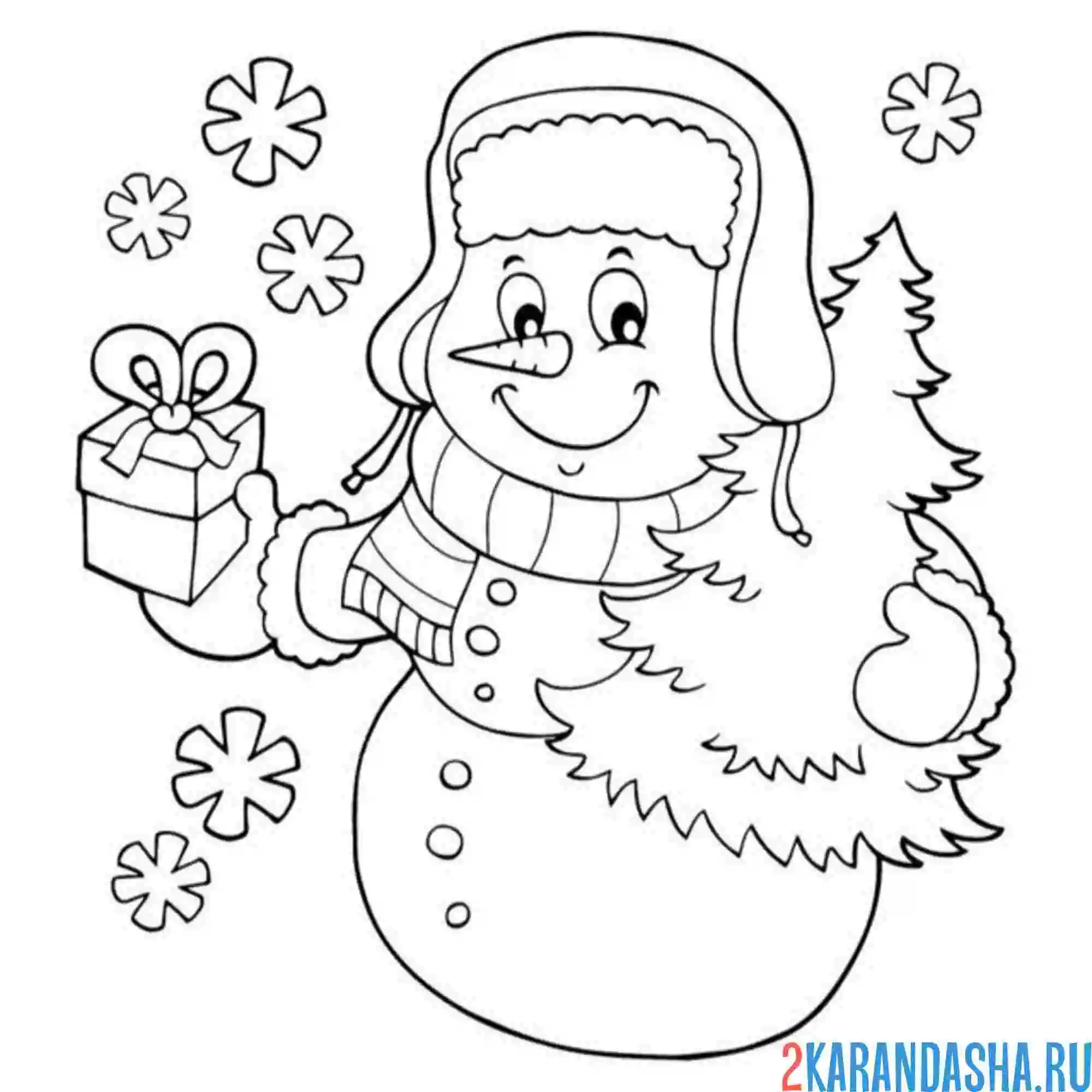 Раскраска снеговик с елкой и подарком