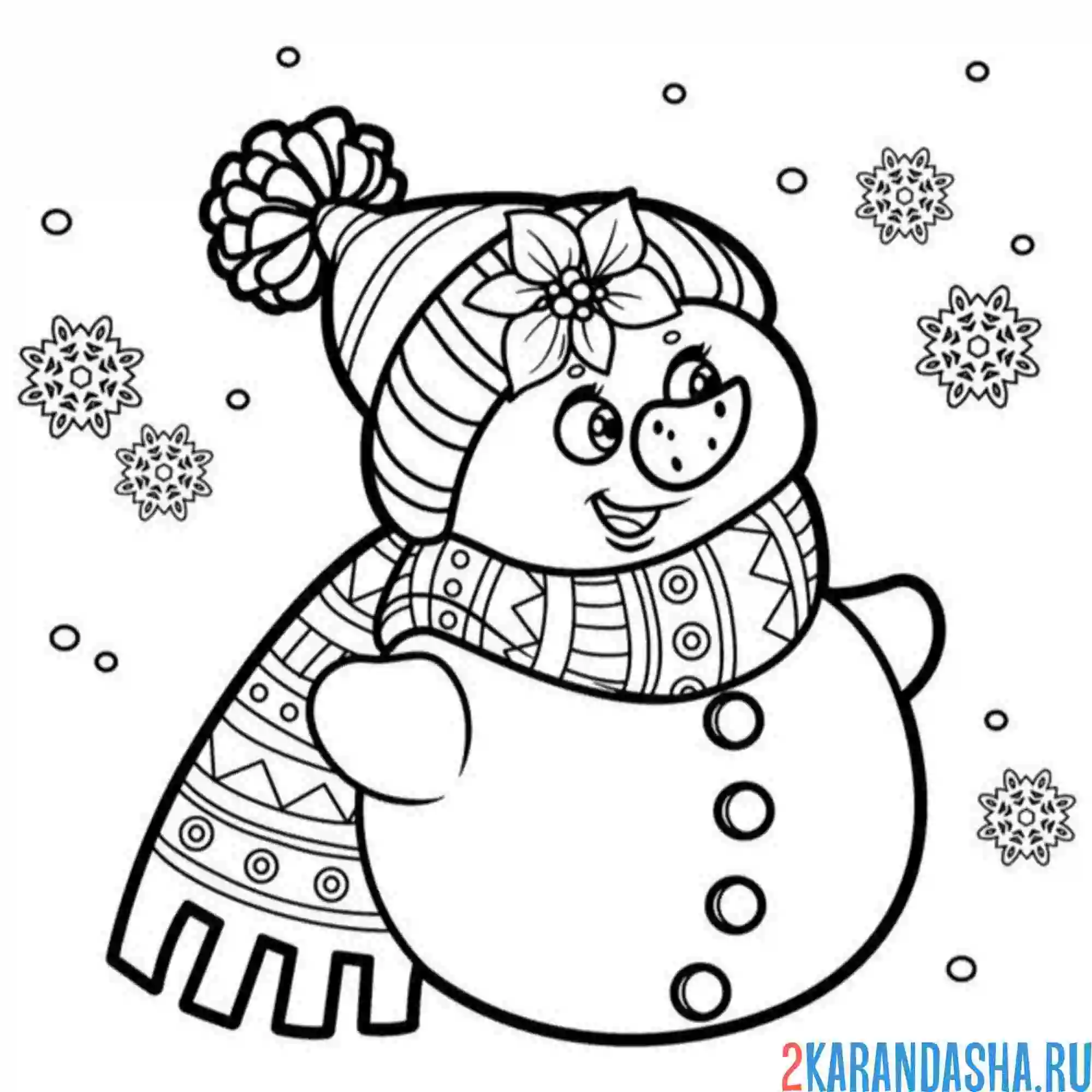 Раскраска смешной снеговик в снежинках