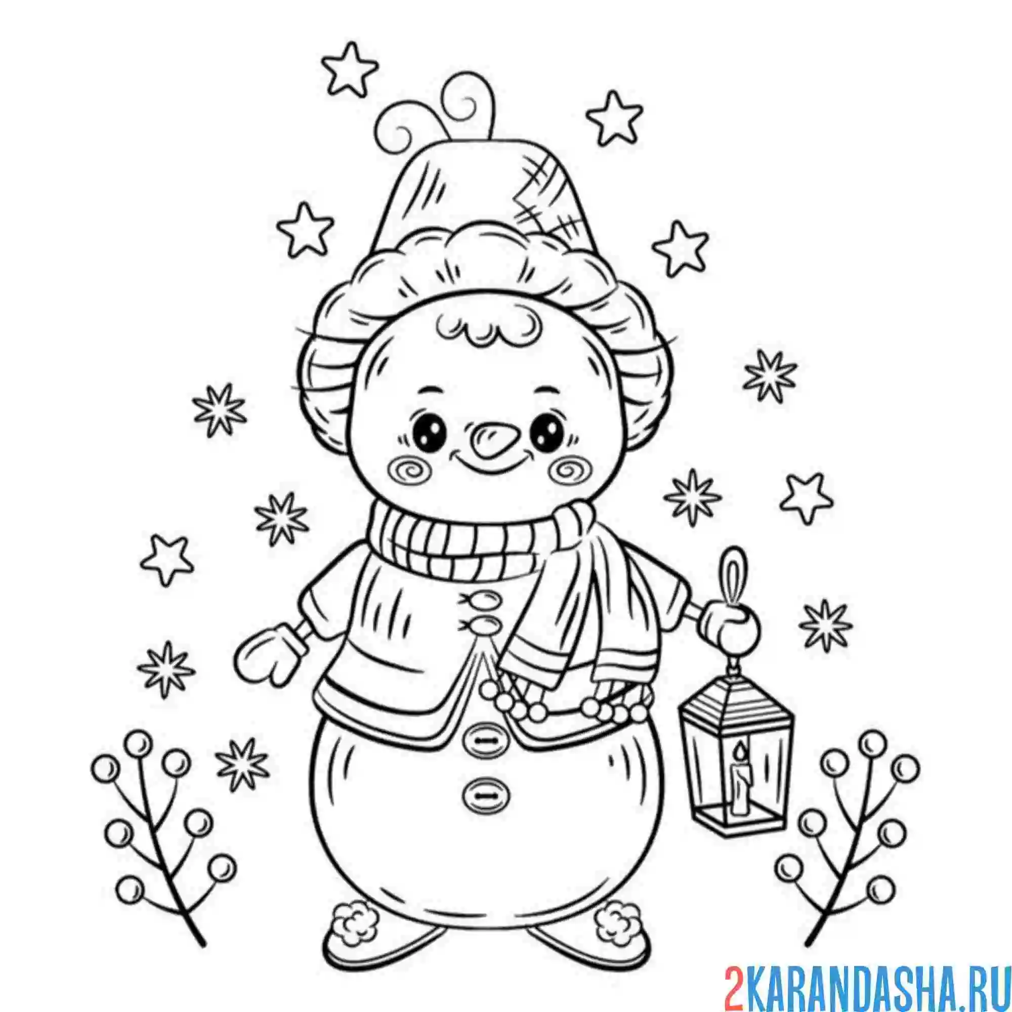 Раскраска снеговичок и снежинки