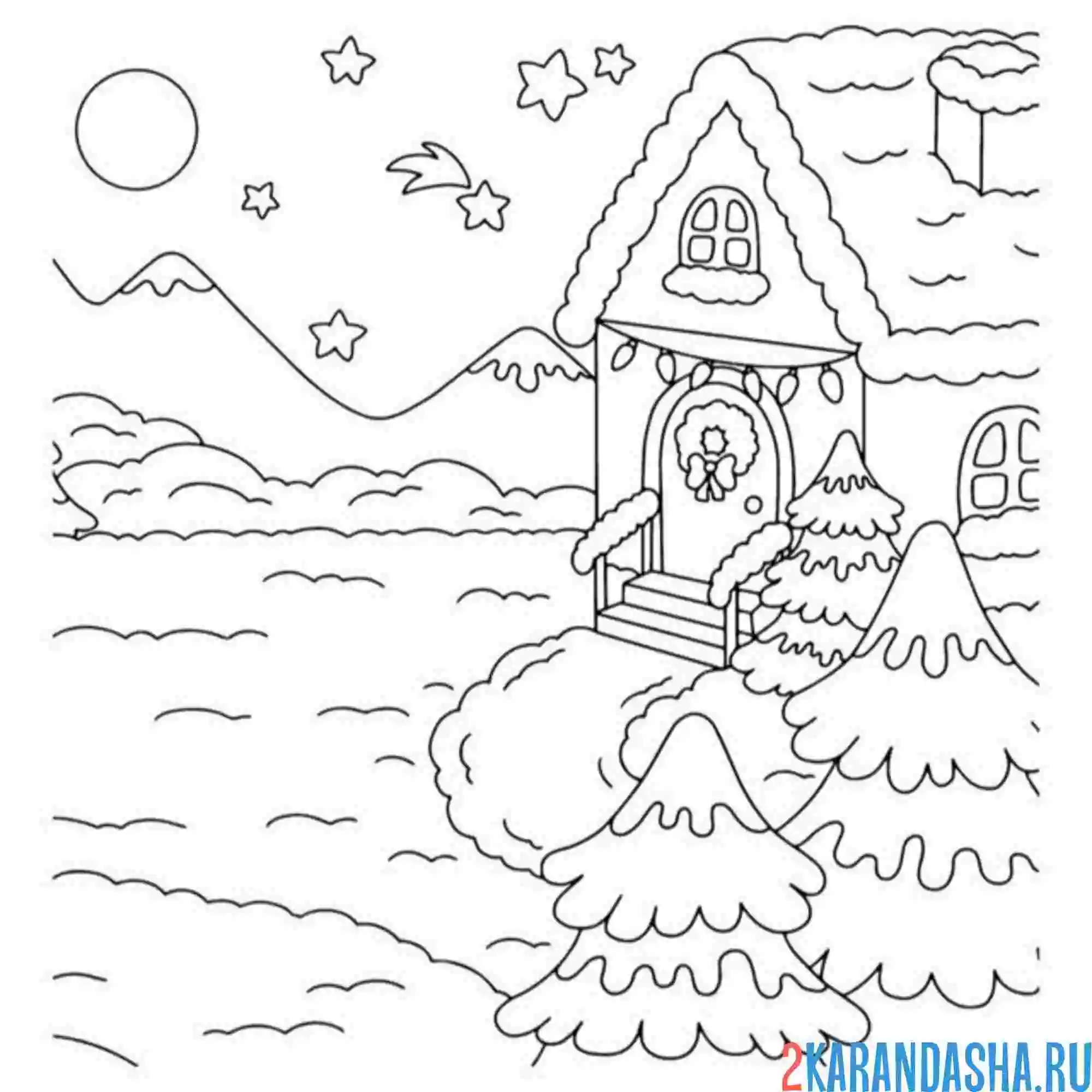 Раскраска зима, снег и дом