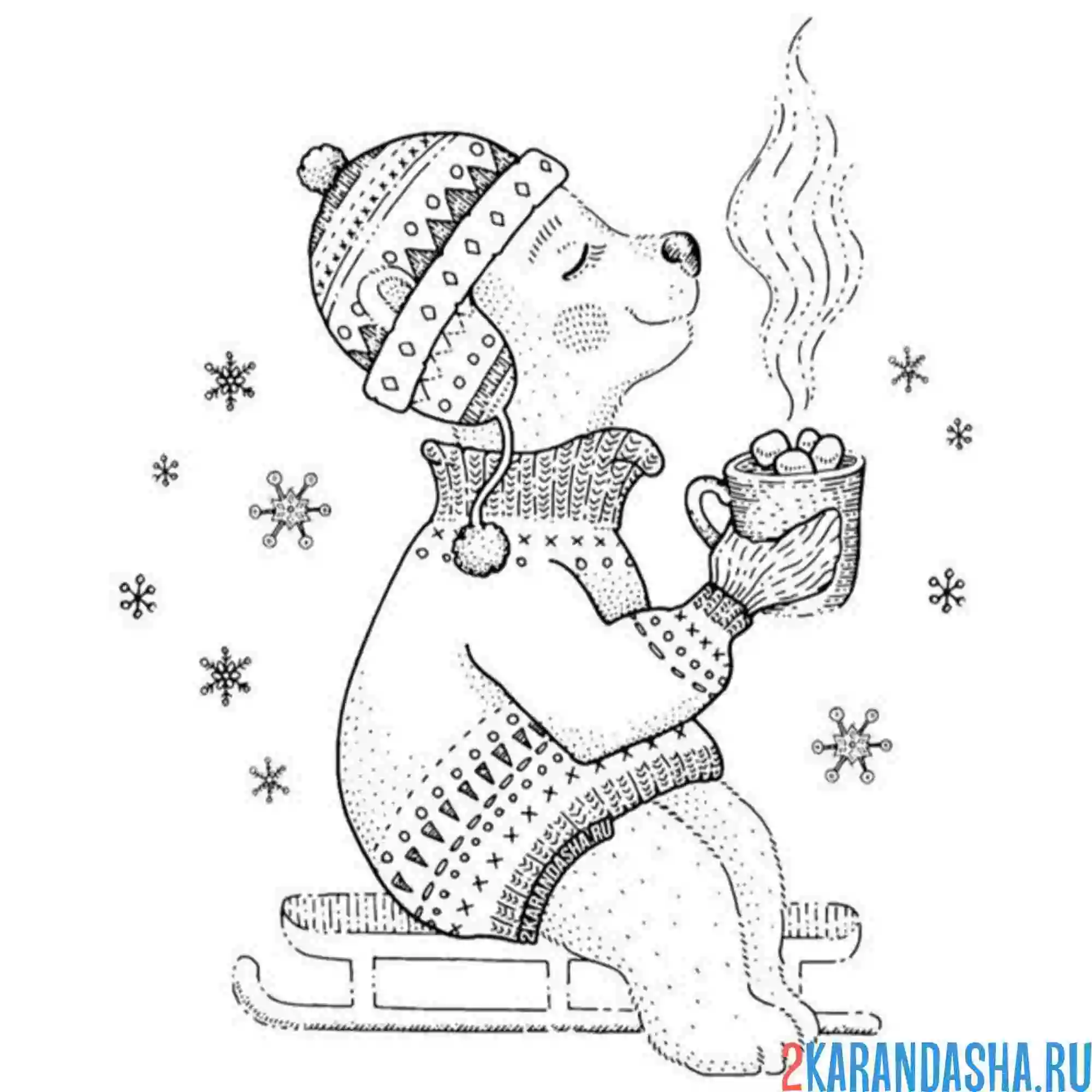 Раскраска мишка новогодний и снег