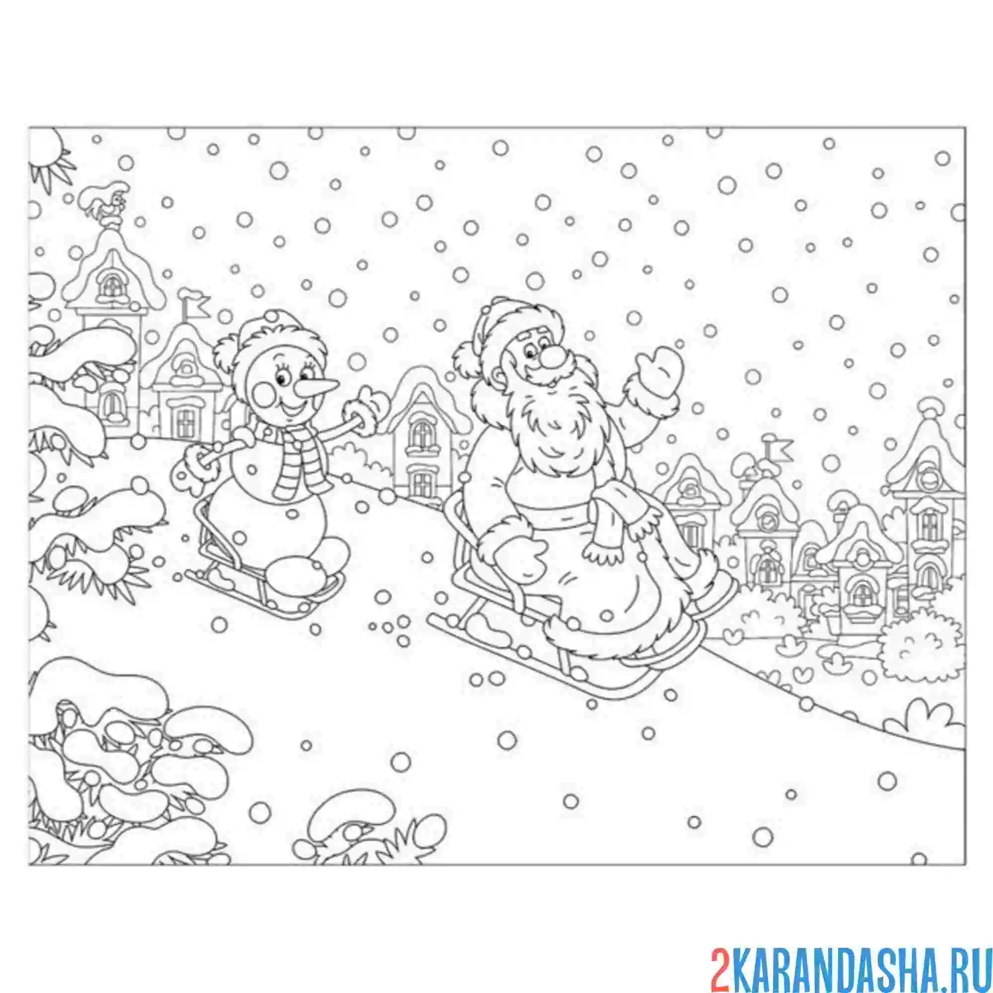 Раскраска снежный снеговик и дед мороз