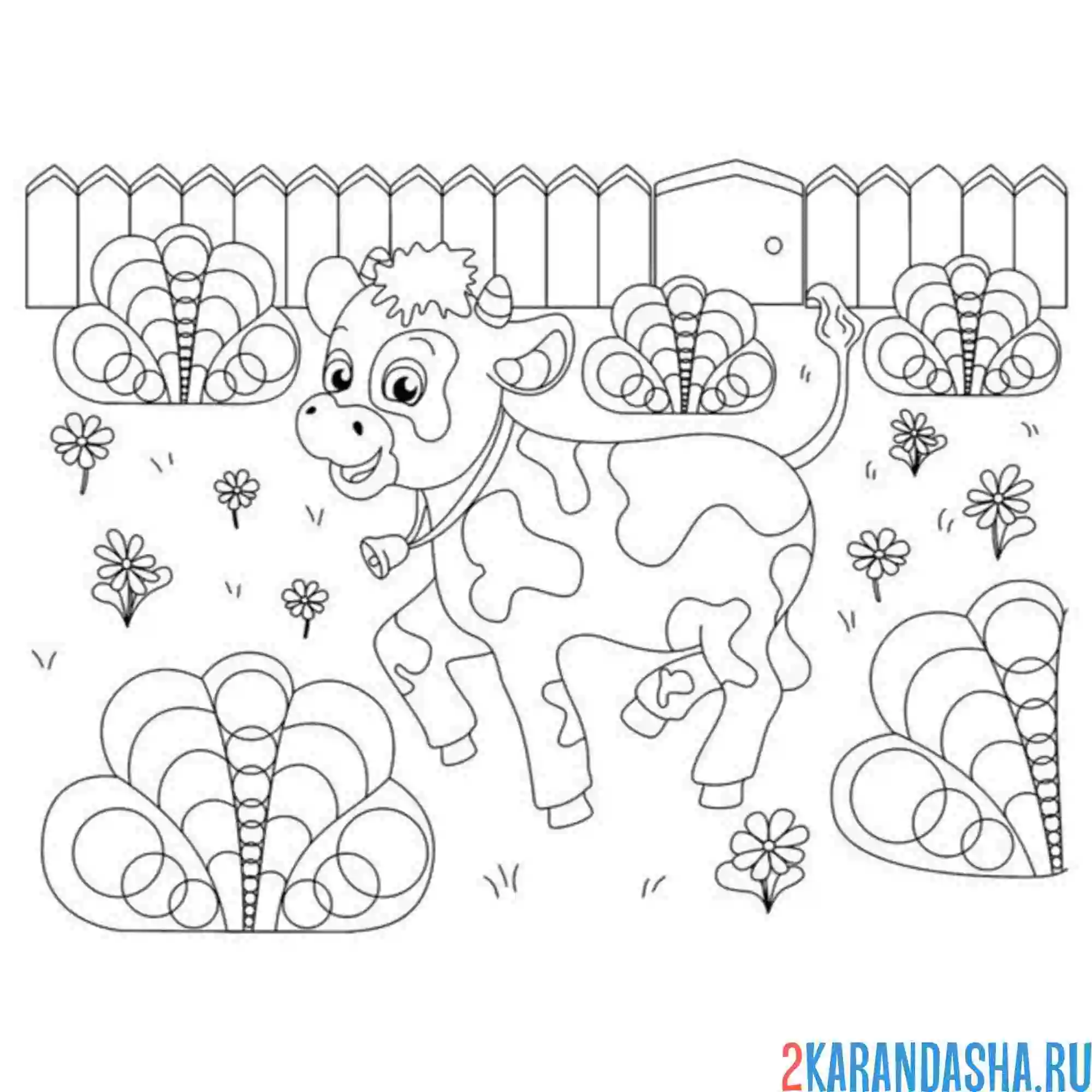 Раскраска теленок с колокольчиком