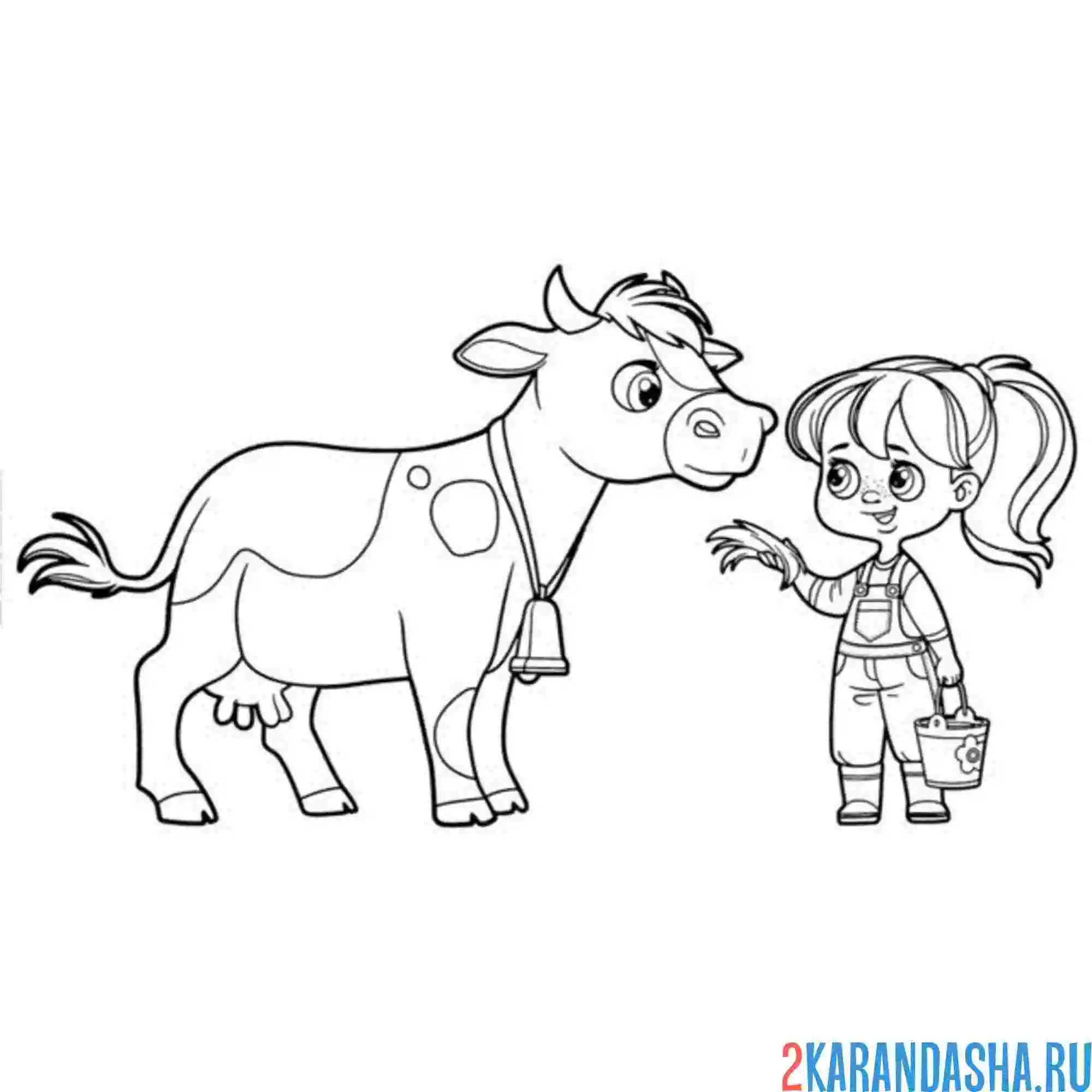 Раскраска девочка и корова