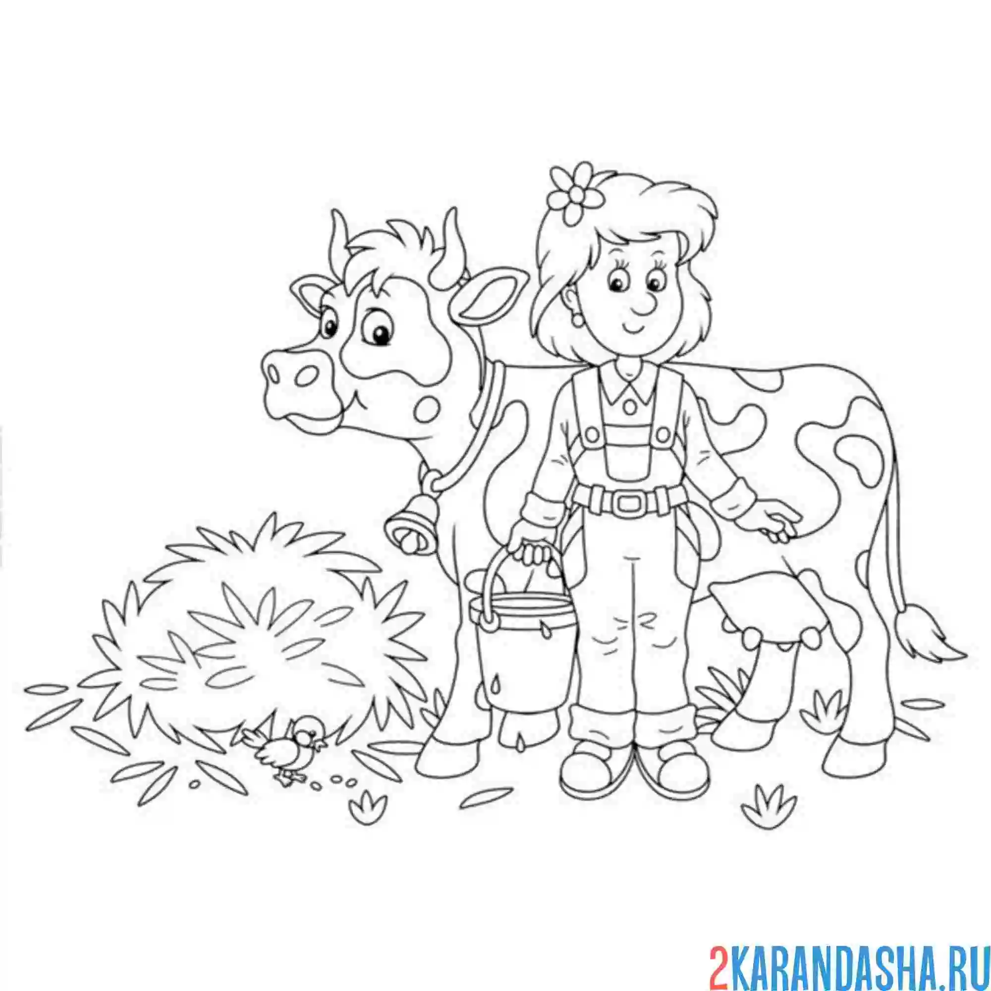 Раскраска женщина и корова