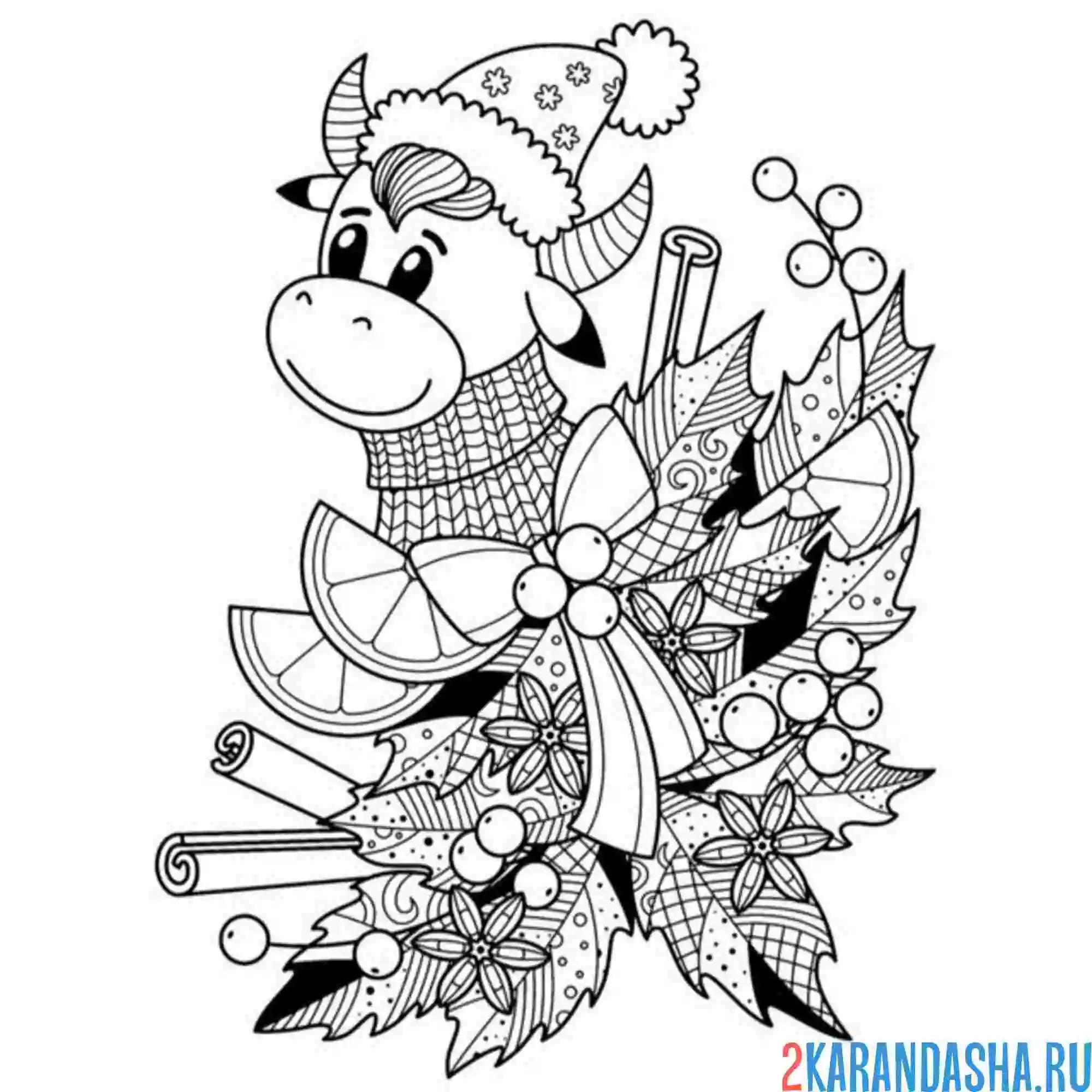 Раскраска корова в шапке антистресс