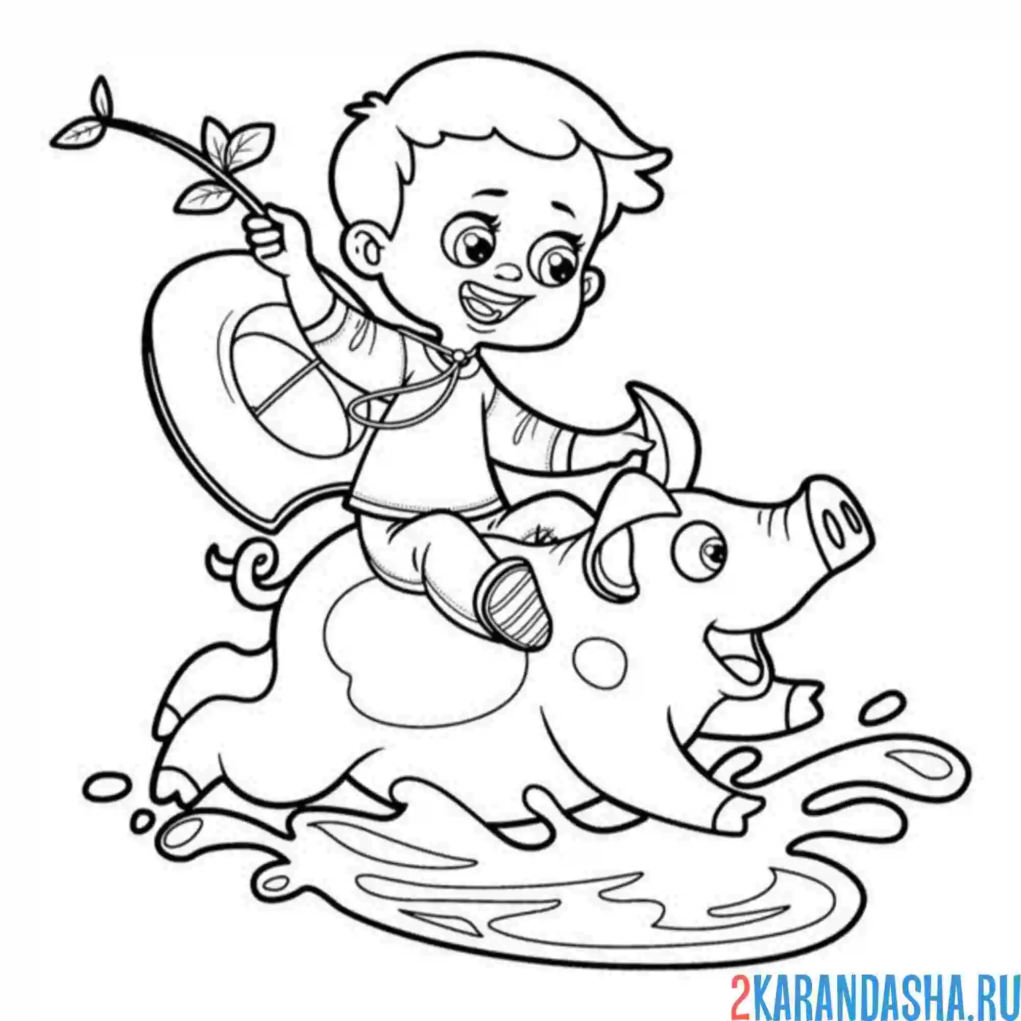 Раскраска мальчик на свинье