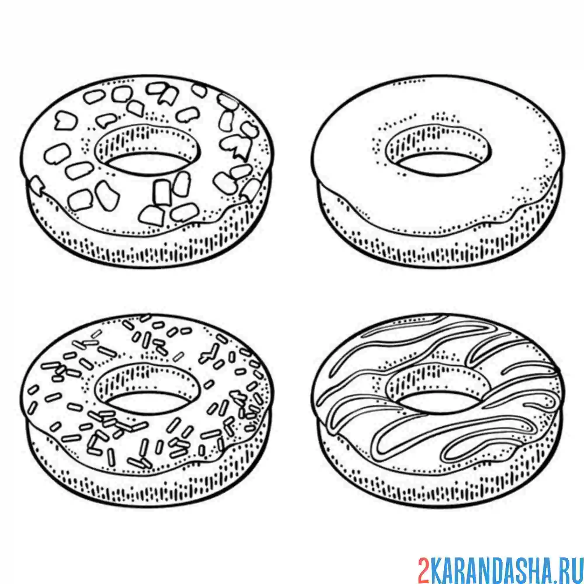 Раскраска четыре разных пончика
