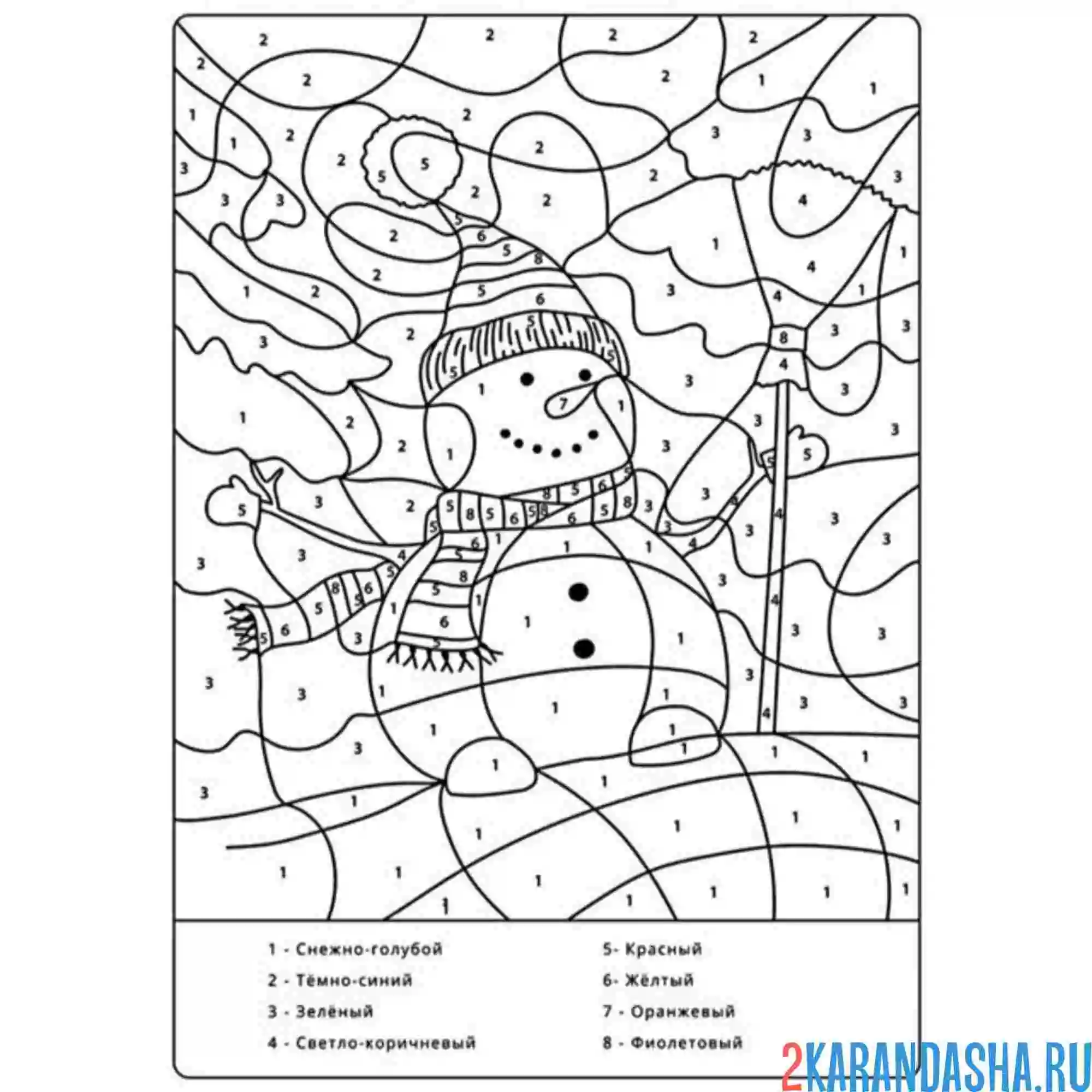 Раскраска по номерам: новогодний снеговик