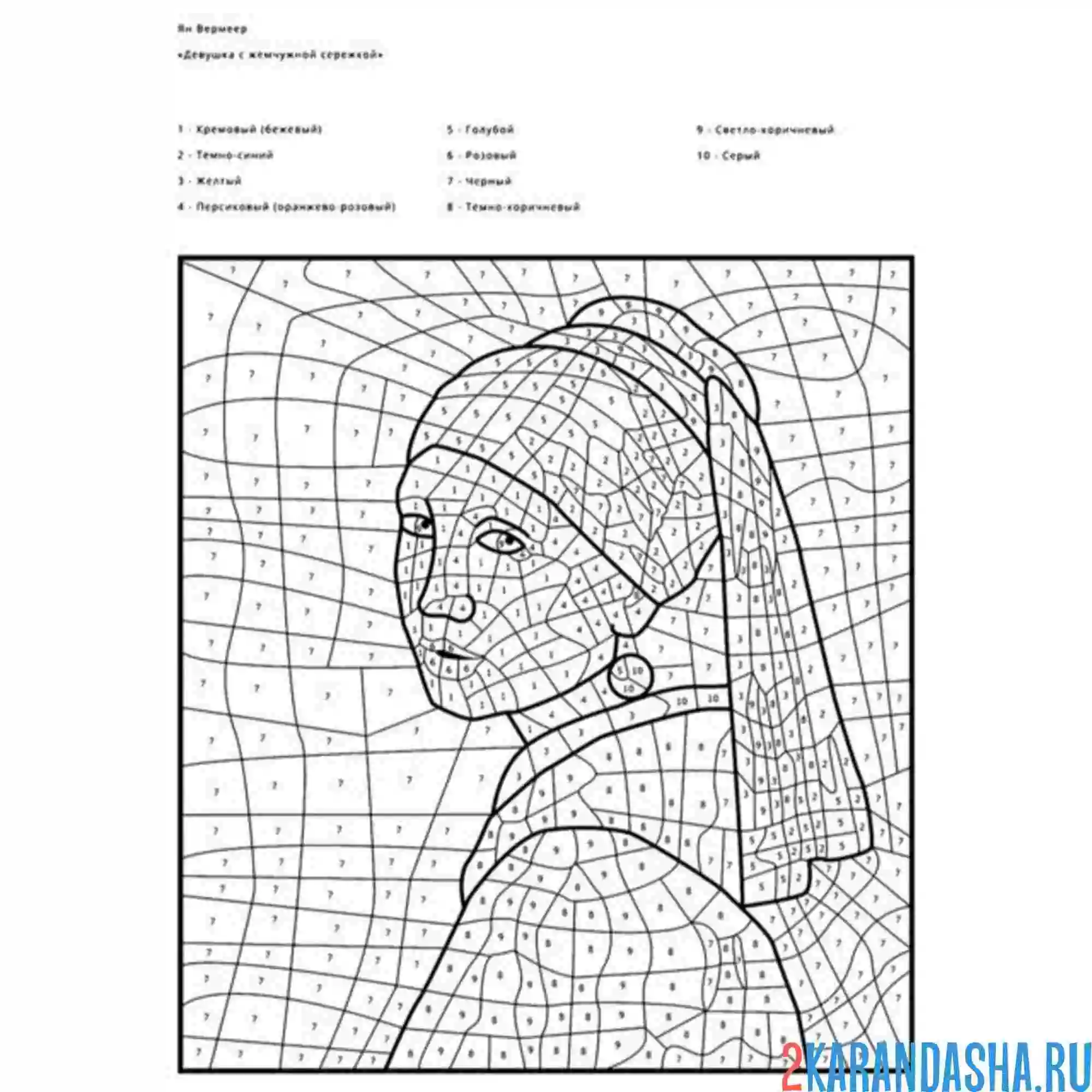 Раскраска по номерам: девушка с жемчужной сережкой
