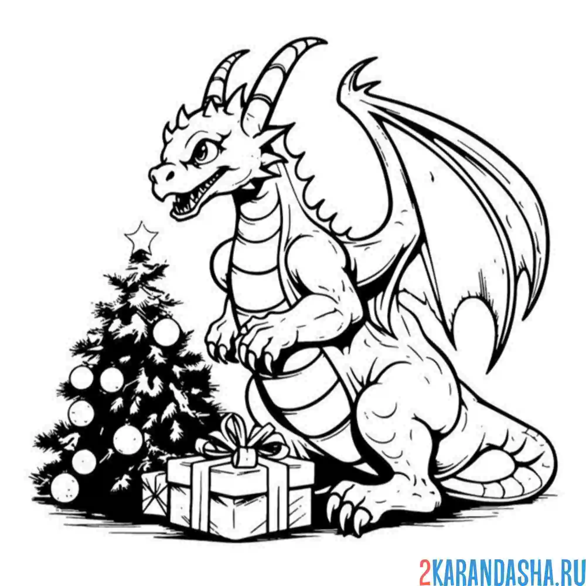 Раскраска дракон наряжает елку