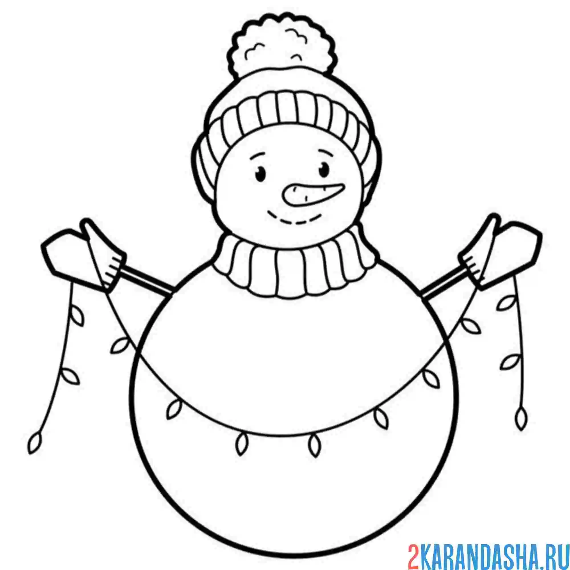 Раскраска снеговик в варежках и гирлянда