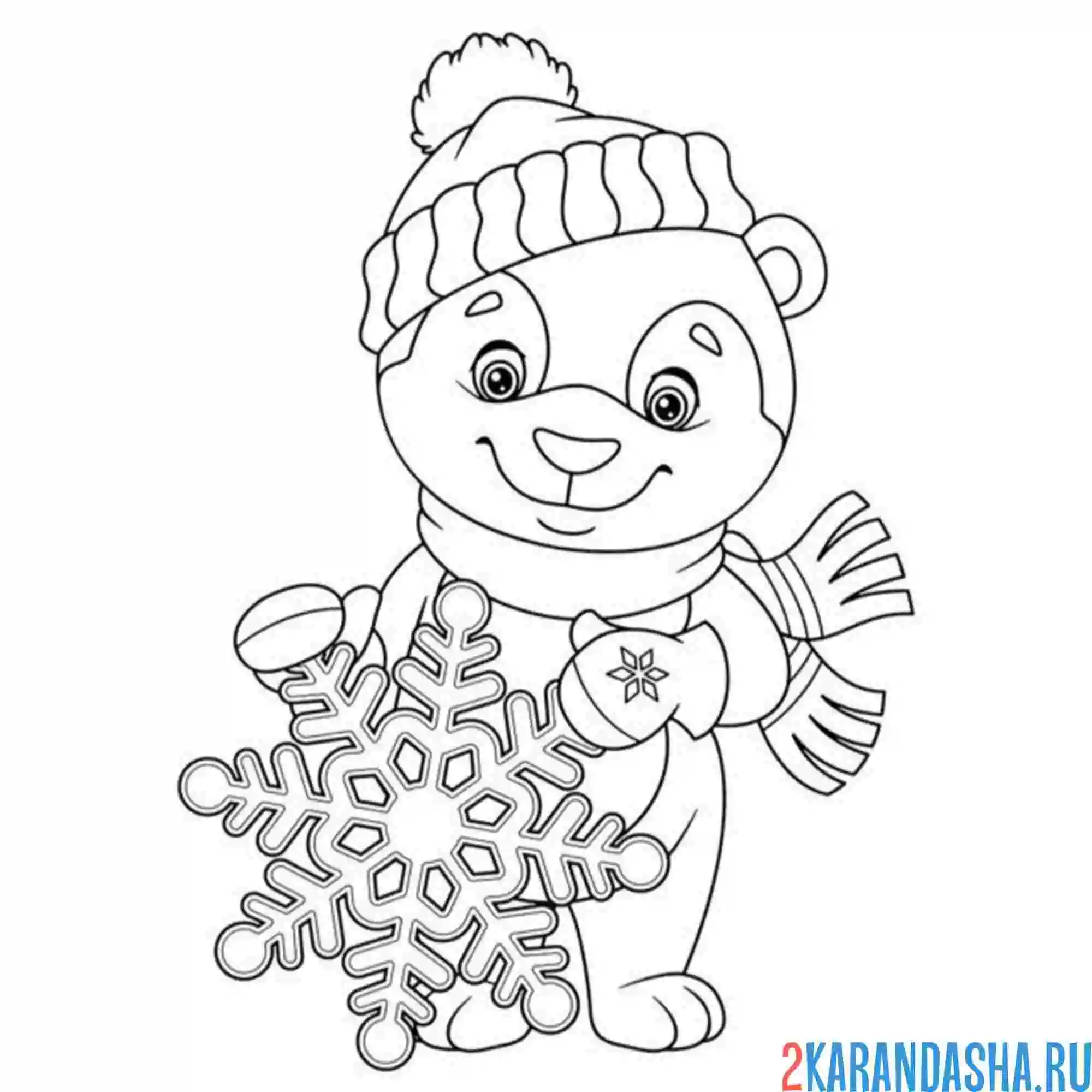 Раскраска мишка с большой снежинкой