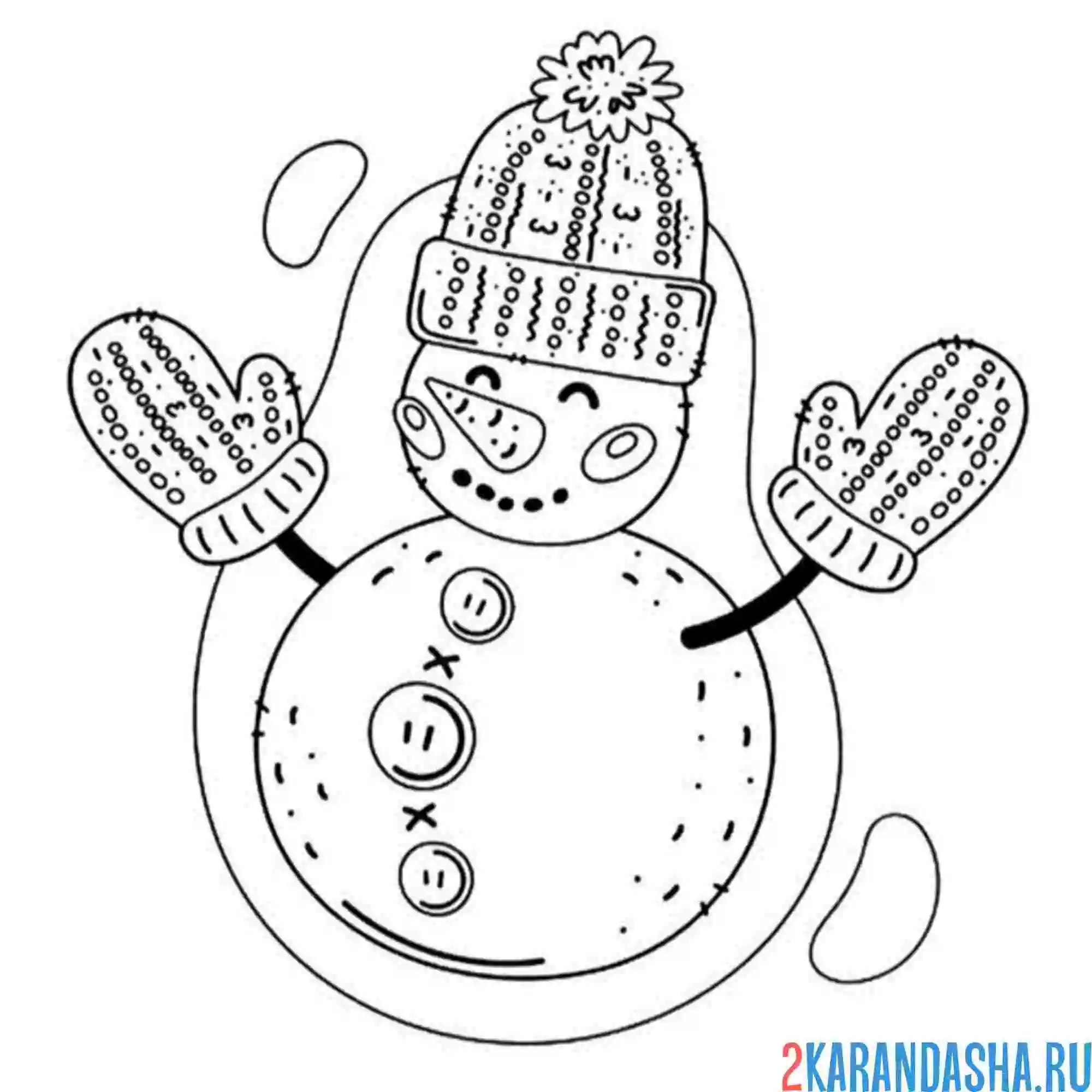 Раскраска снеговик в теплых варежках