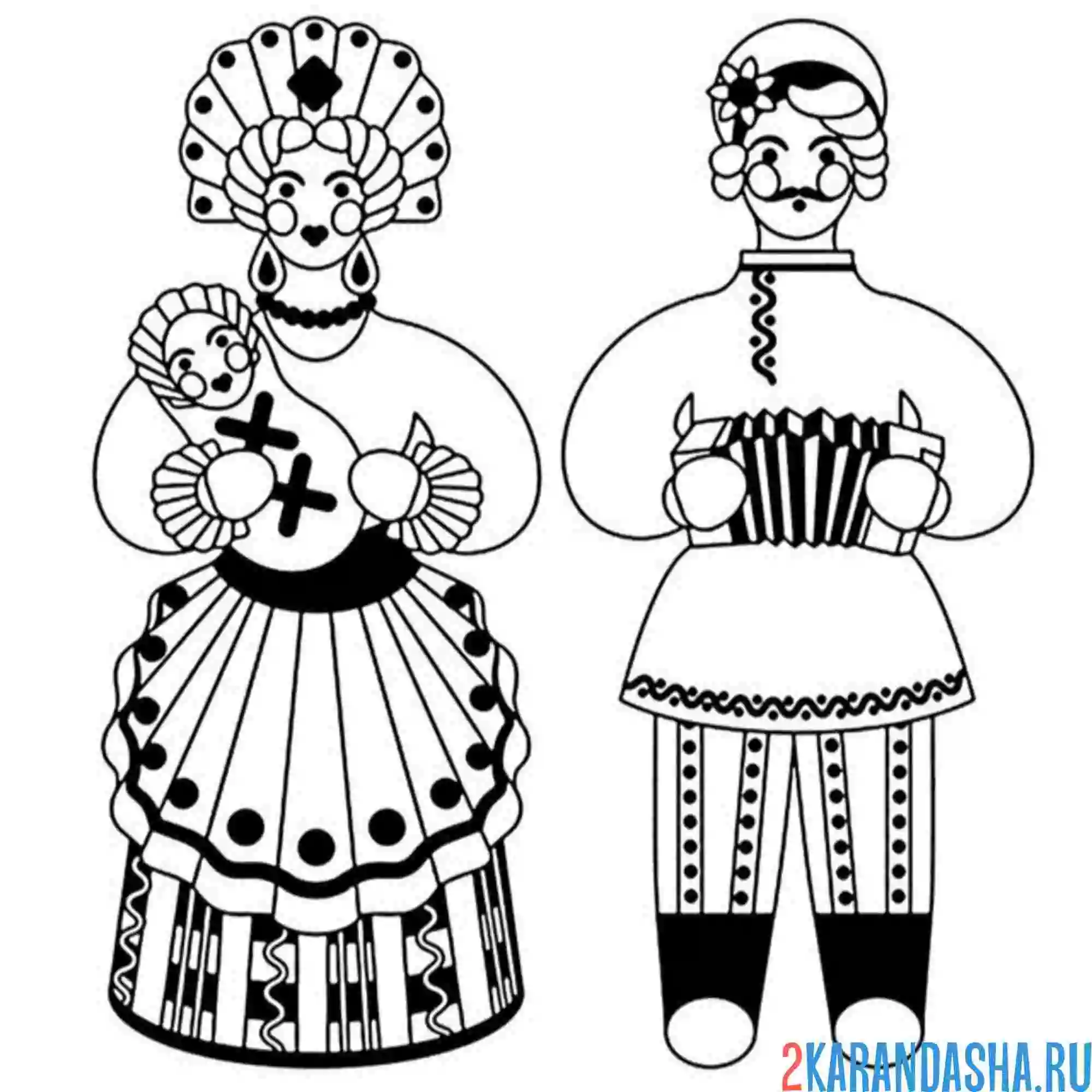 Раскраска дымковская игрушка муж и жена