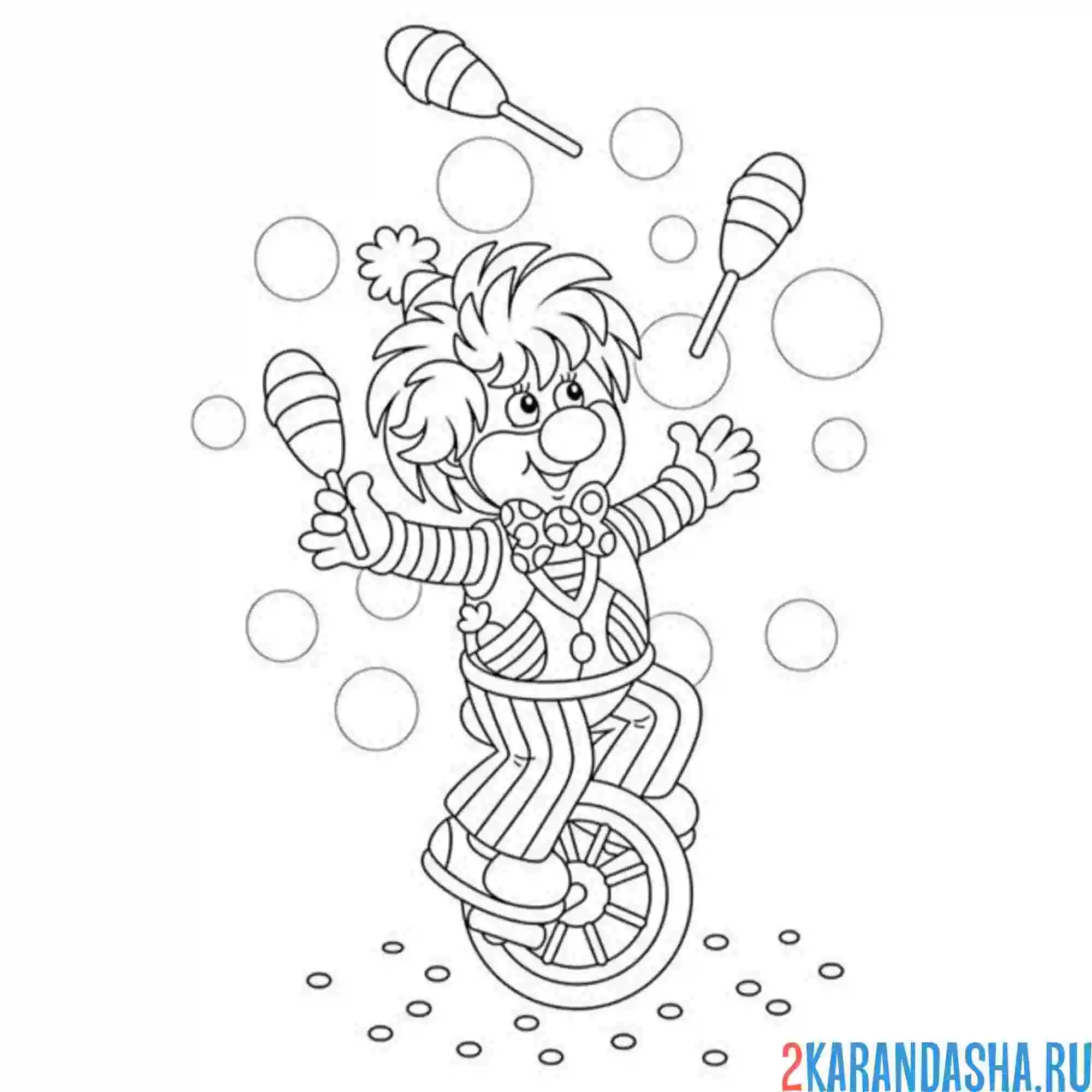 Раскраска клоун жонглирует булавами