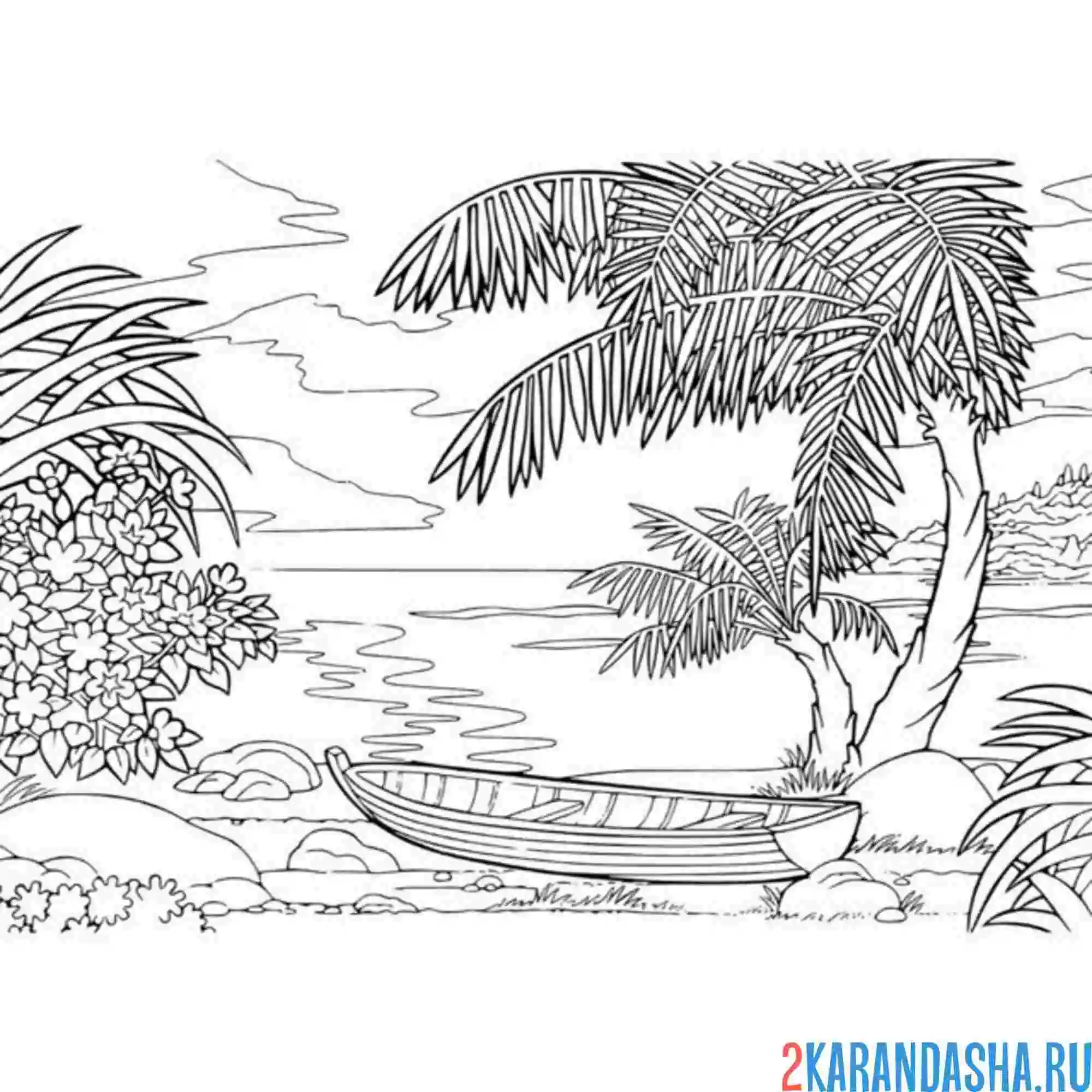 Раскраска лодка, море и пальмы
