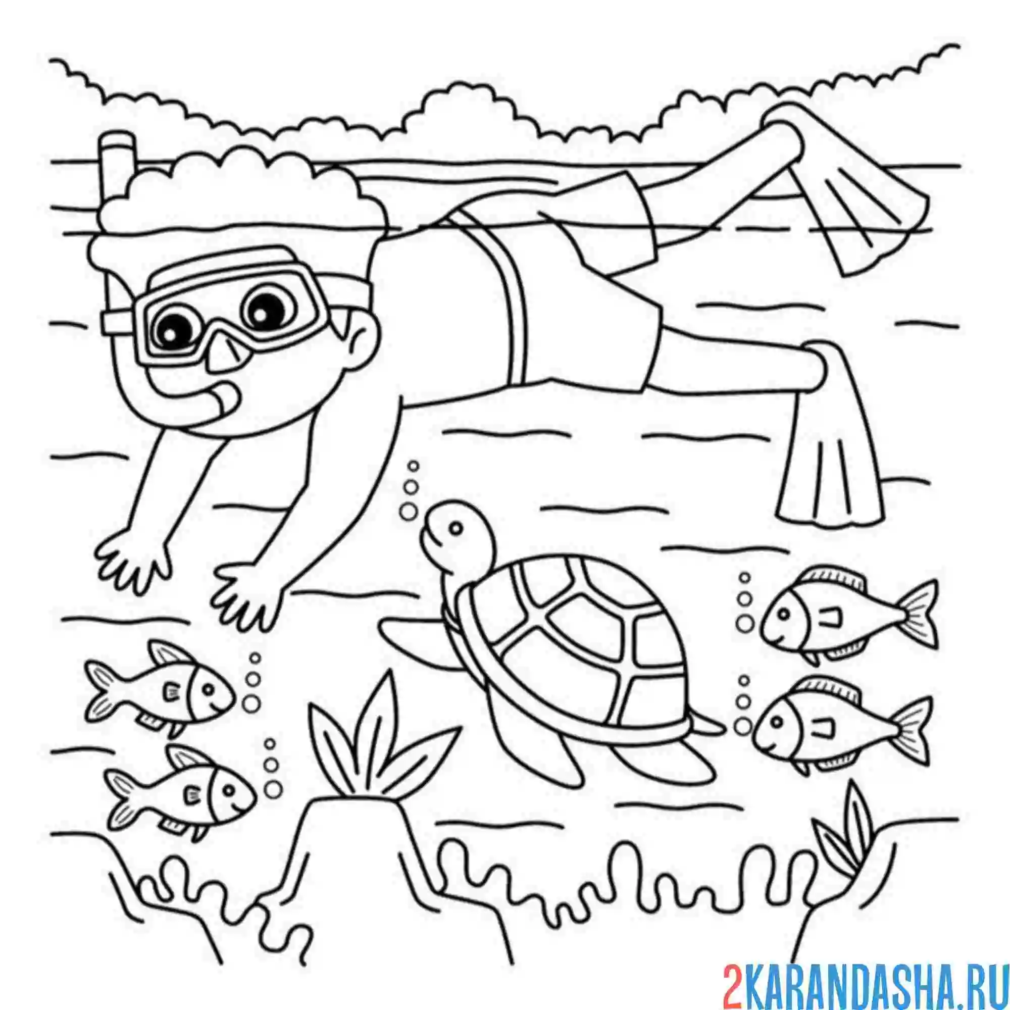 Раскраска мальчик на море снорклинг