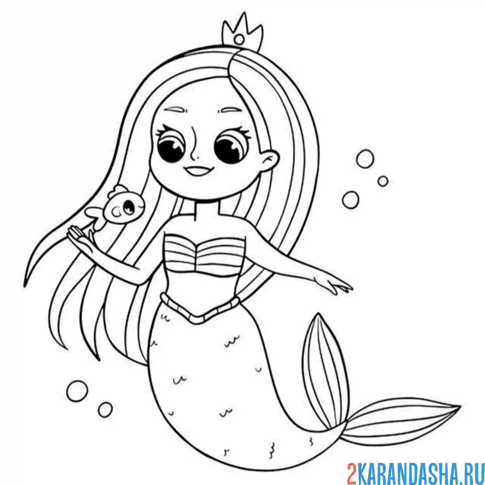 Раскраска русалка и маленькая рыбка