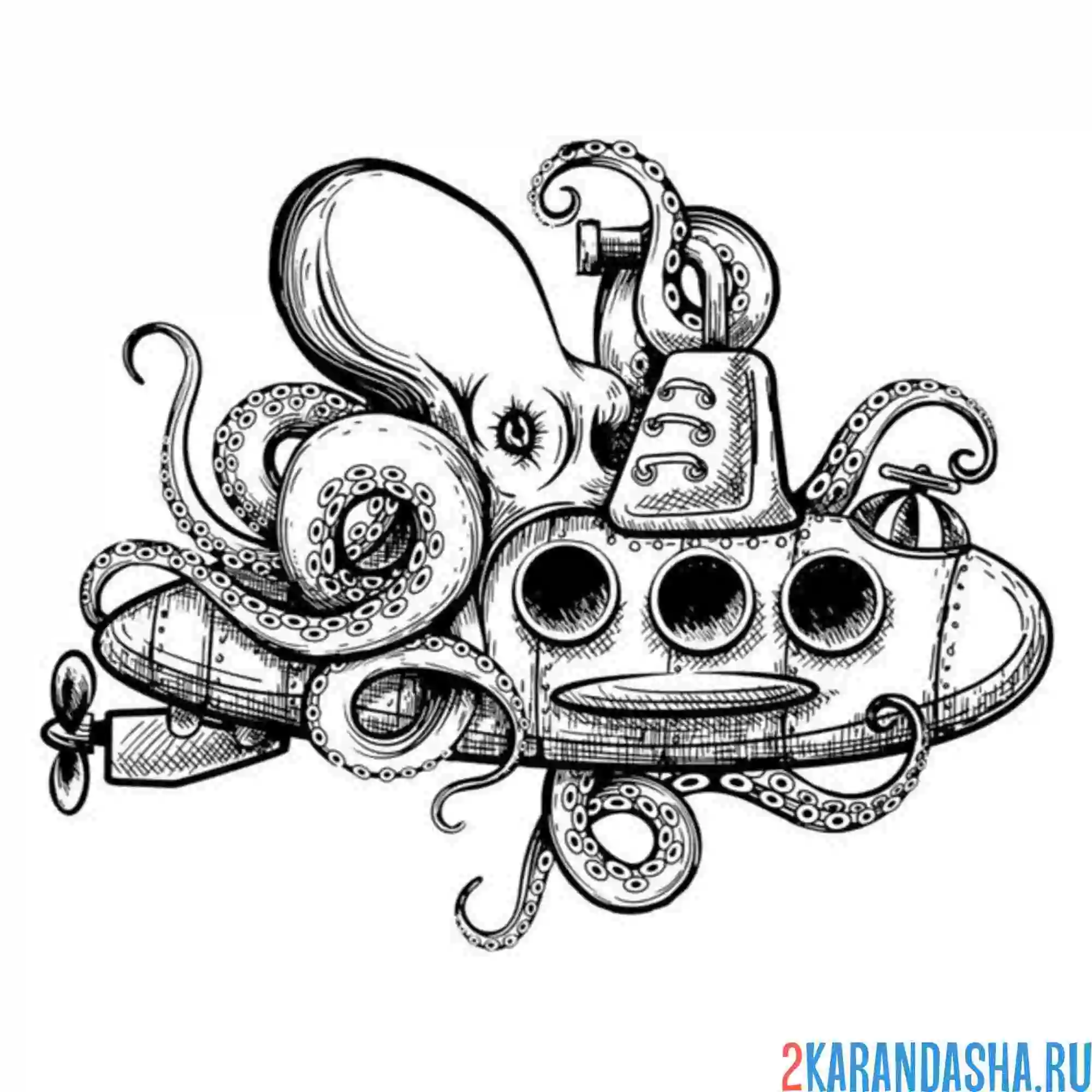 Раскраска подводная лодка и осьминог