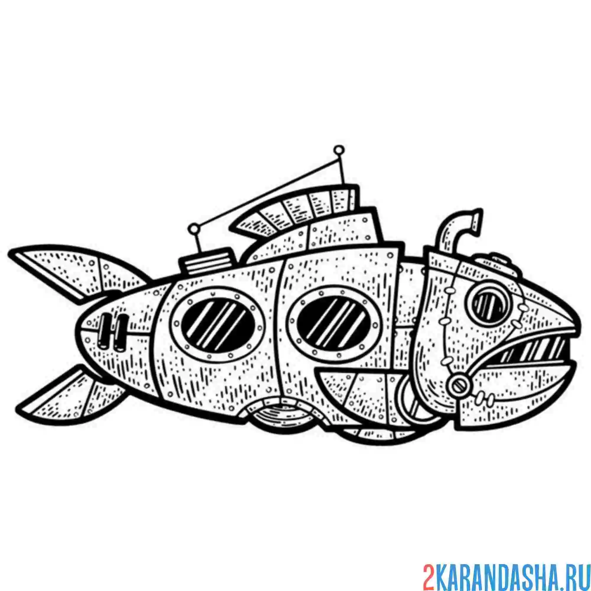 Раскраска подводная лодка-рыба