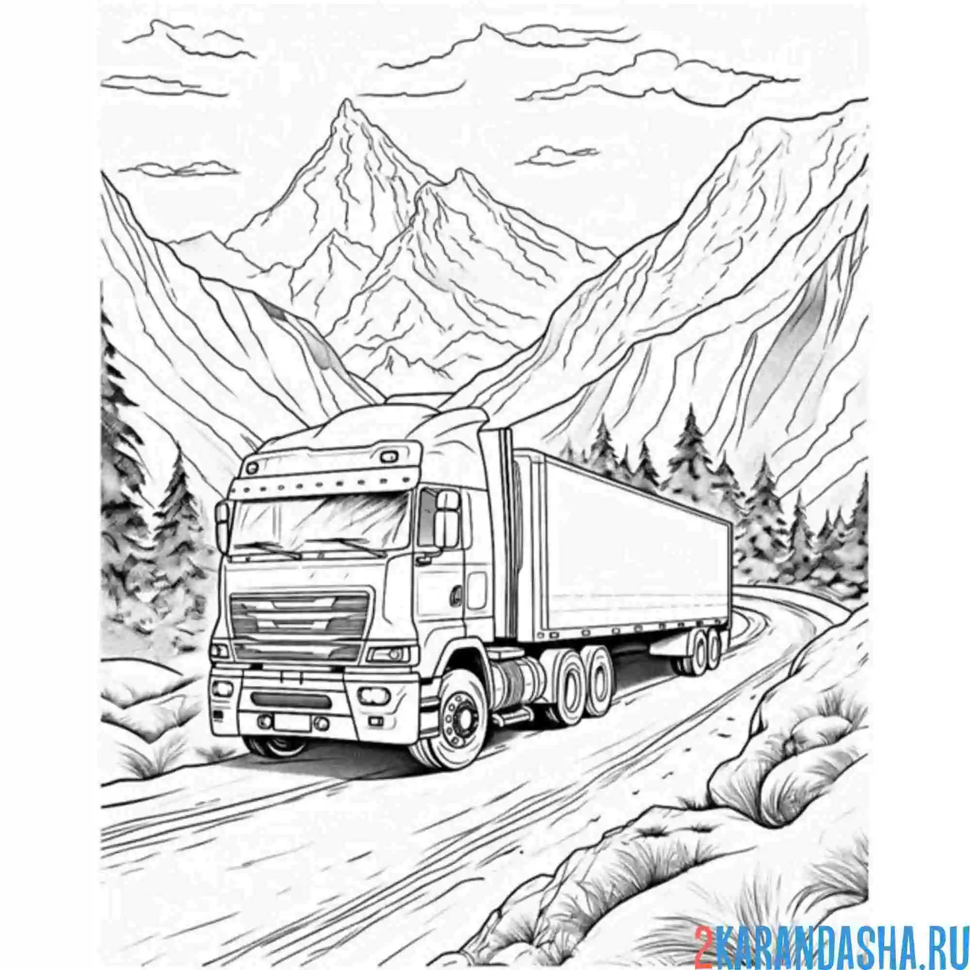 Раскраска тягач грузовик в горах