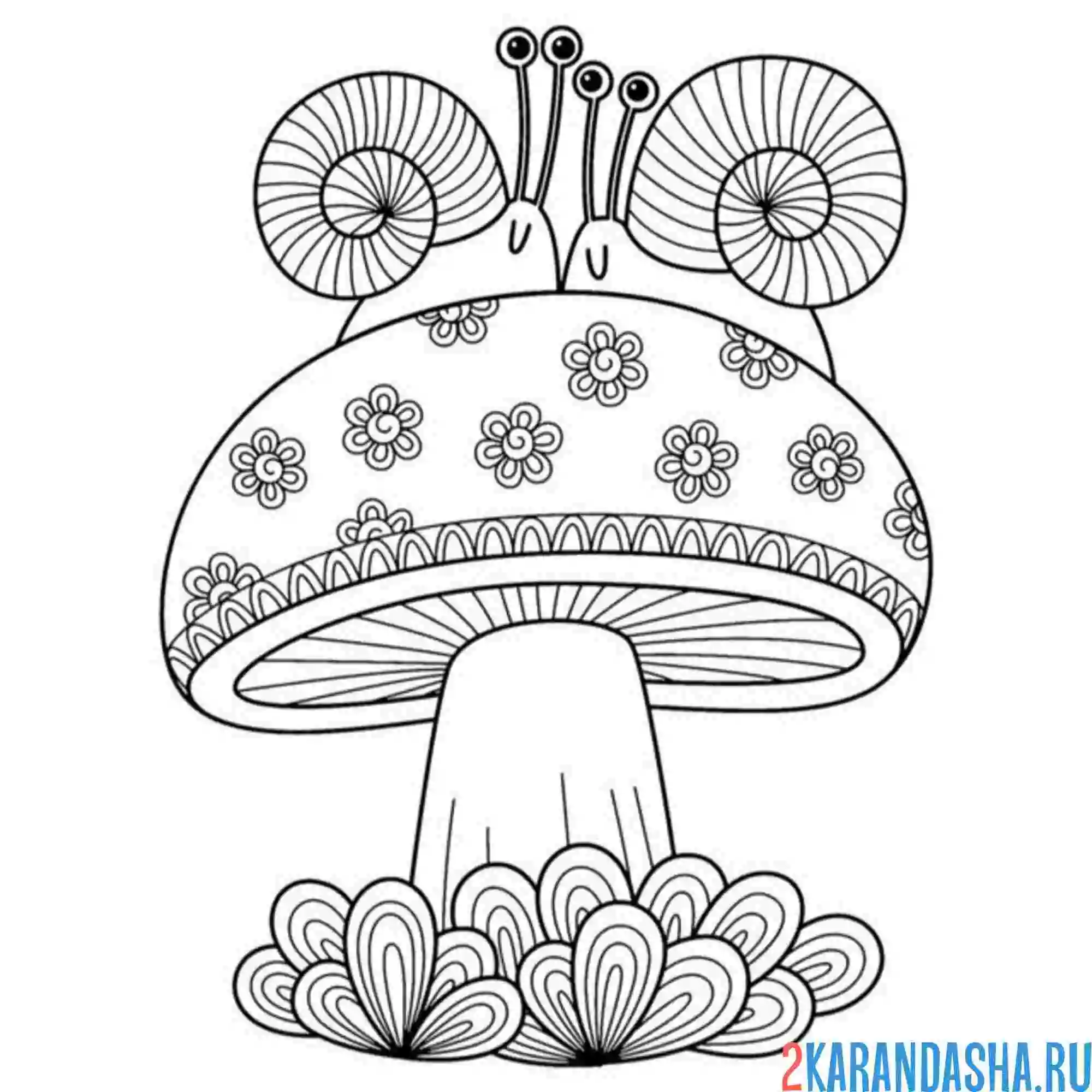 Раскраска две улитки на грибе