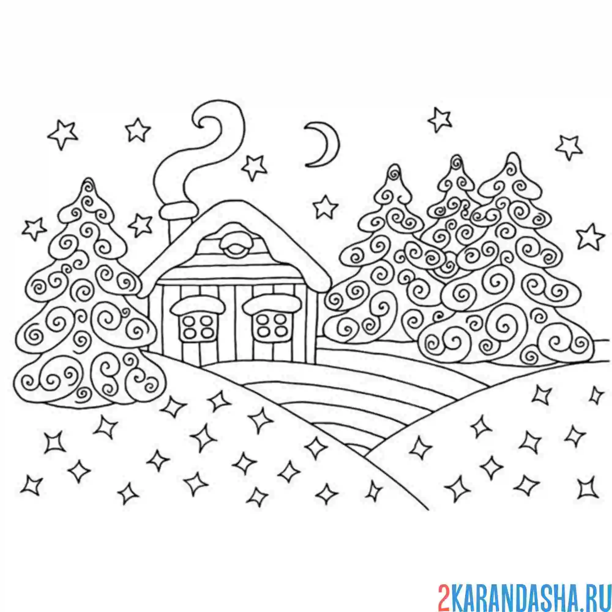 Раскраска снежный зимний дом и лес